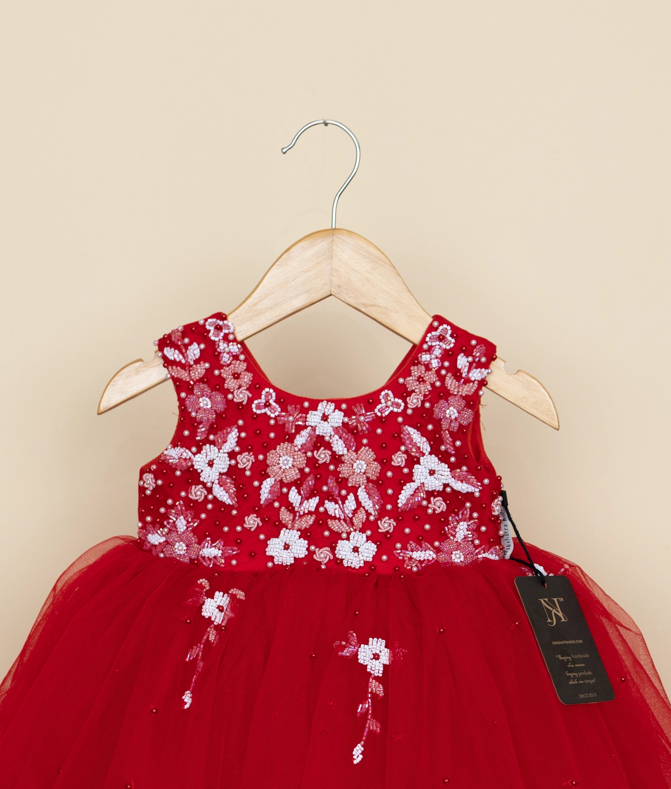 Red Tulle Net Handworked Birthday Frock For Baby Girl [Pre order:5316]