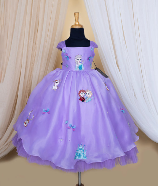 Lavender dress with elsa theme embroidery on a mannequin against a beige curtain background.