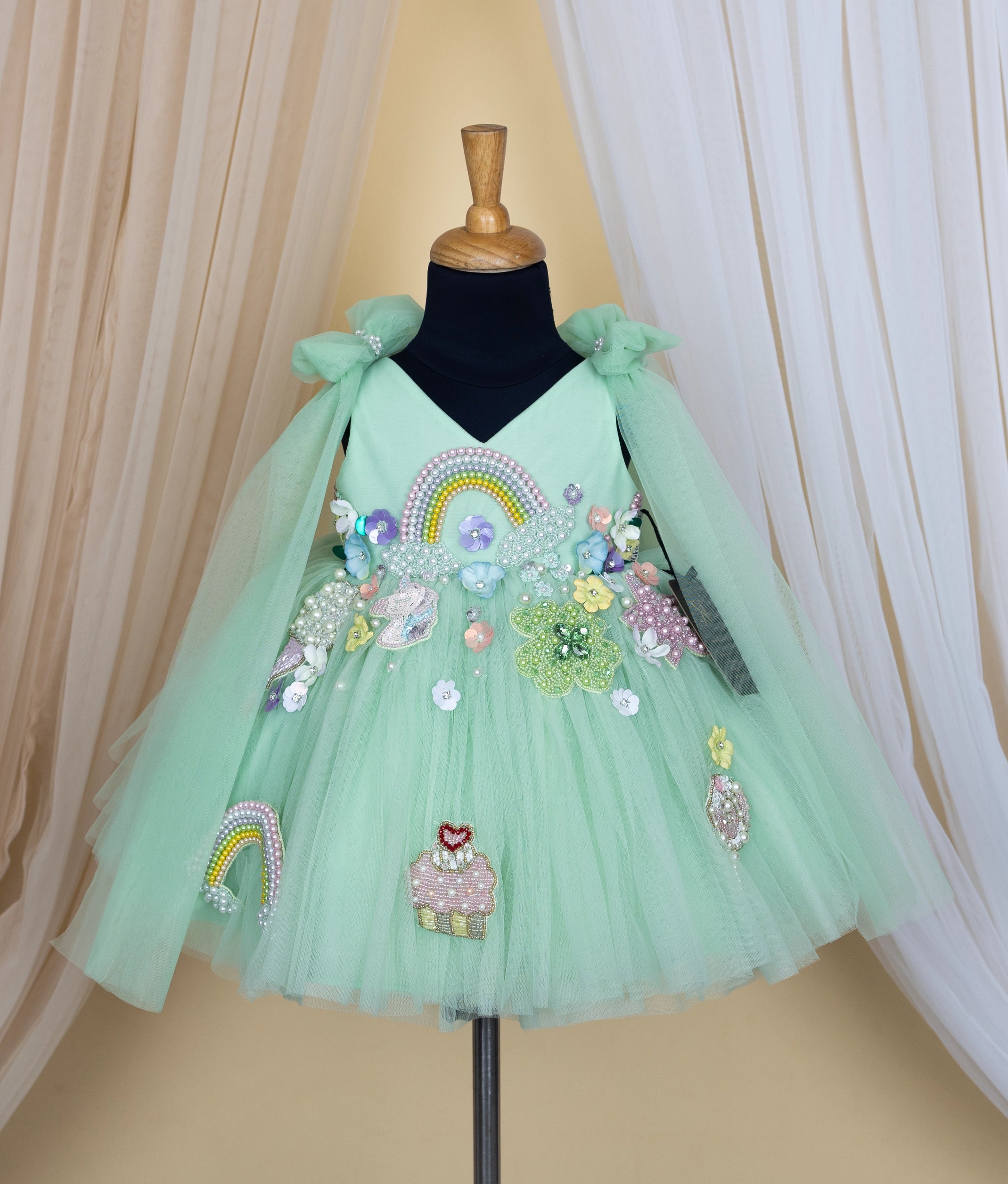 Pastel Green Tulle Net Handworked Multi Theme Dress Frock For Baby Girl [Pre order:5332]