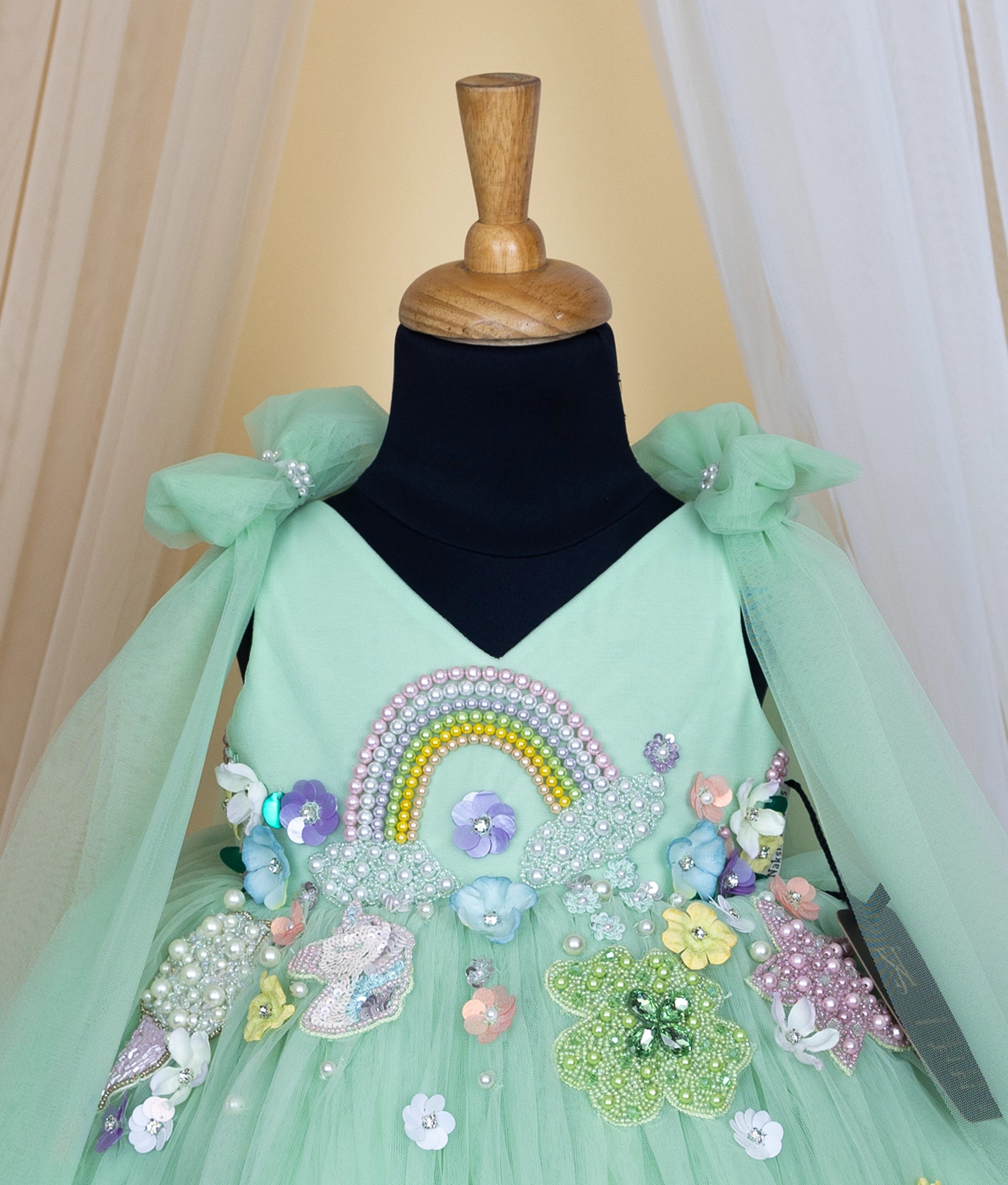 Pastel Green Tulle Net Handworked Multi Theme Dress Frock For Baby Girl [Pre order:5332]