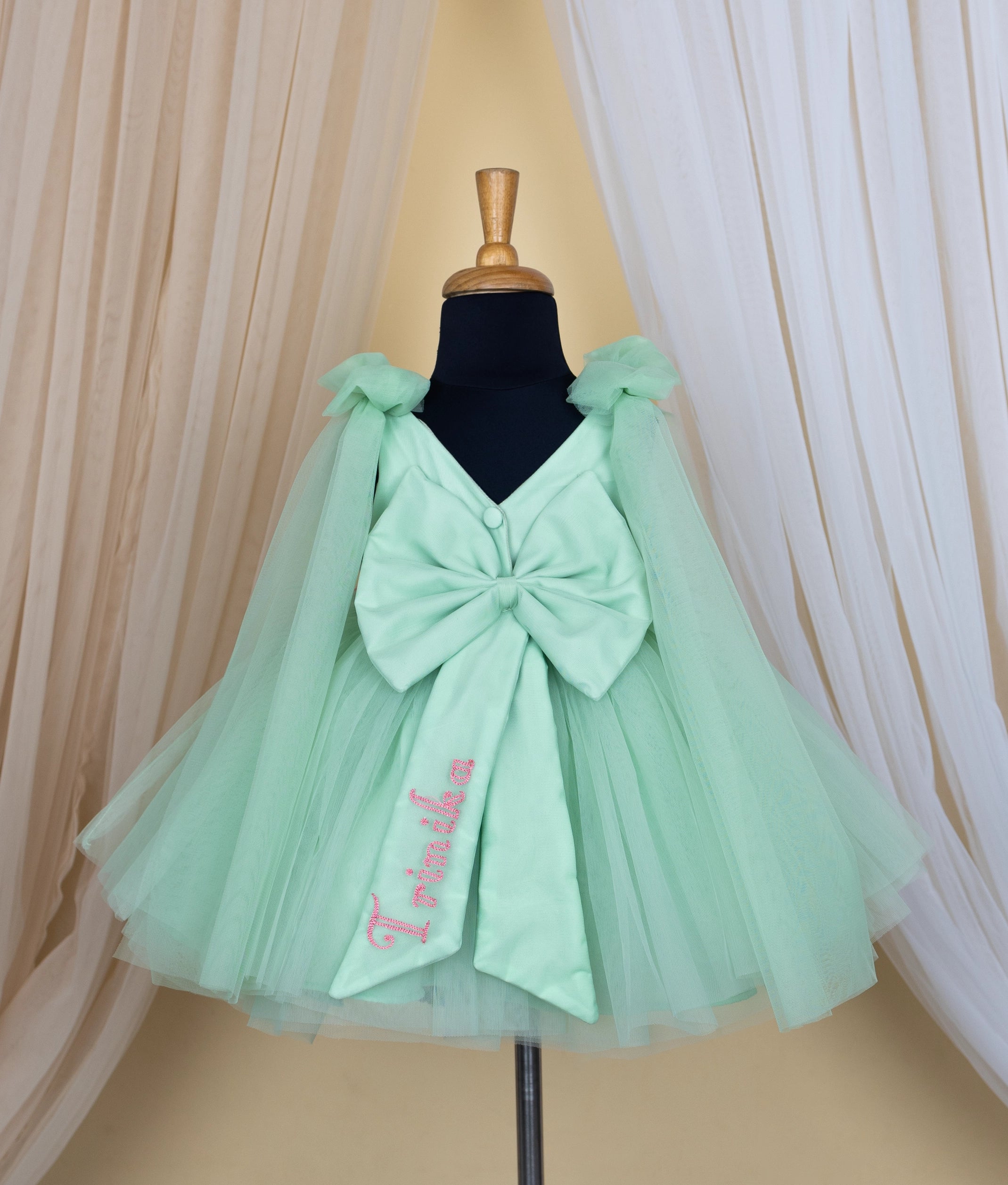 Pastel Green Tulle Net Handworked Multi Theme Dress Frock For Baby Girl [Pre order:5332]
