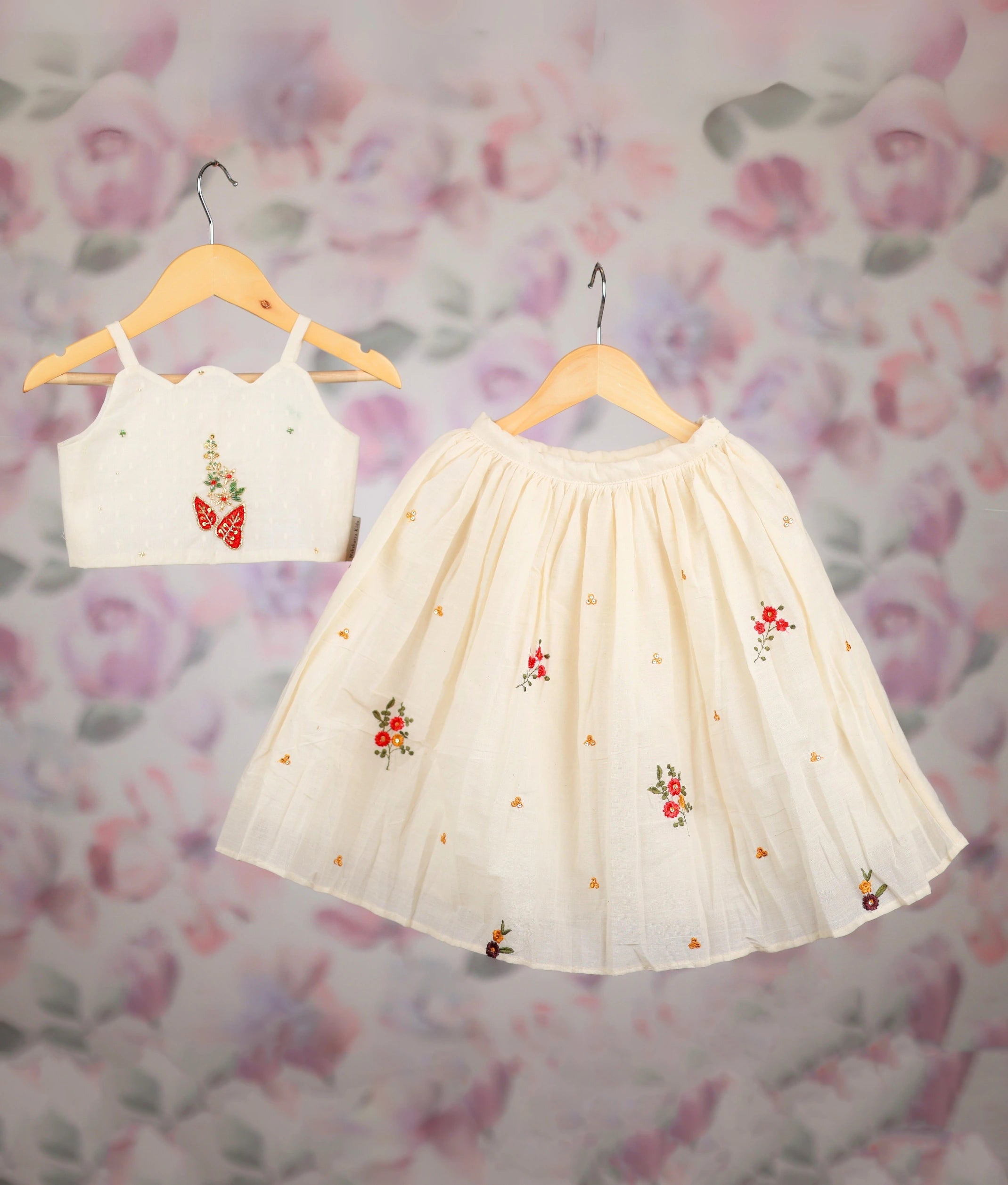 Offwhite Hand-Embroidery Top With Kasavu Skirt For Baby Girl [Ready to ship: 5467]