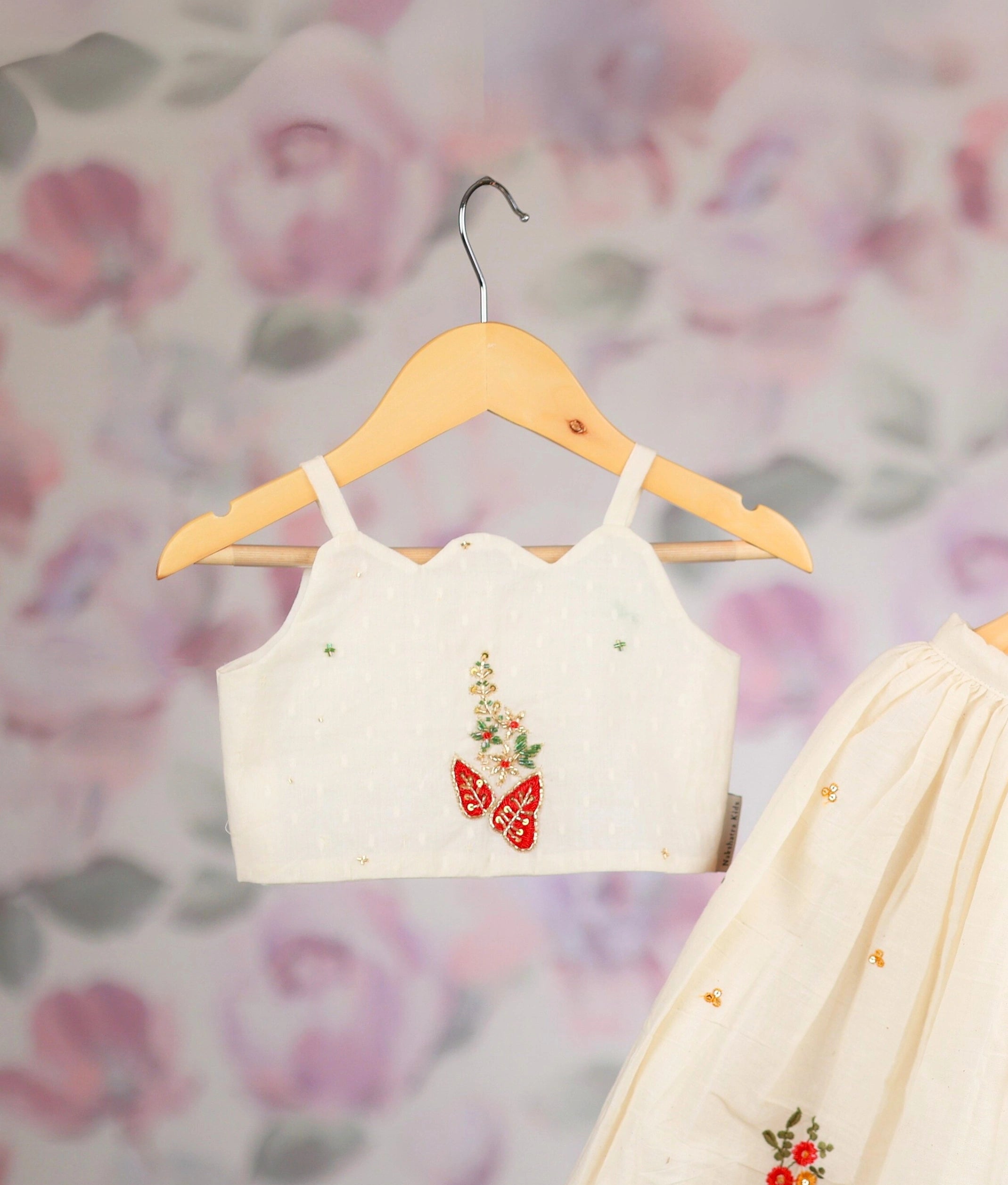 Offwhite Hand-Embroidery Top With Kasavu Skirt For Baby Girl [Ready to ship: 5467]