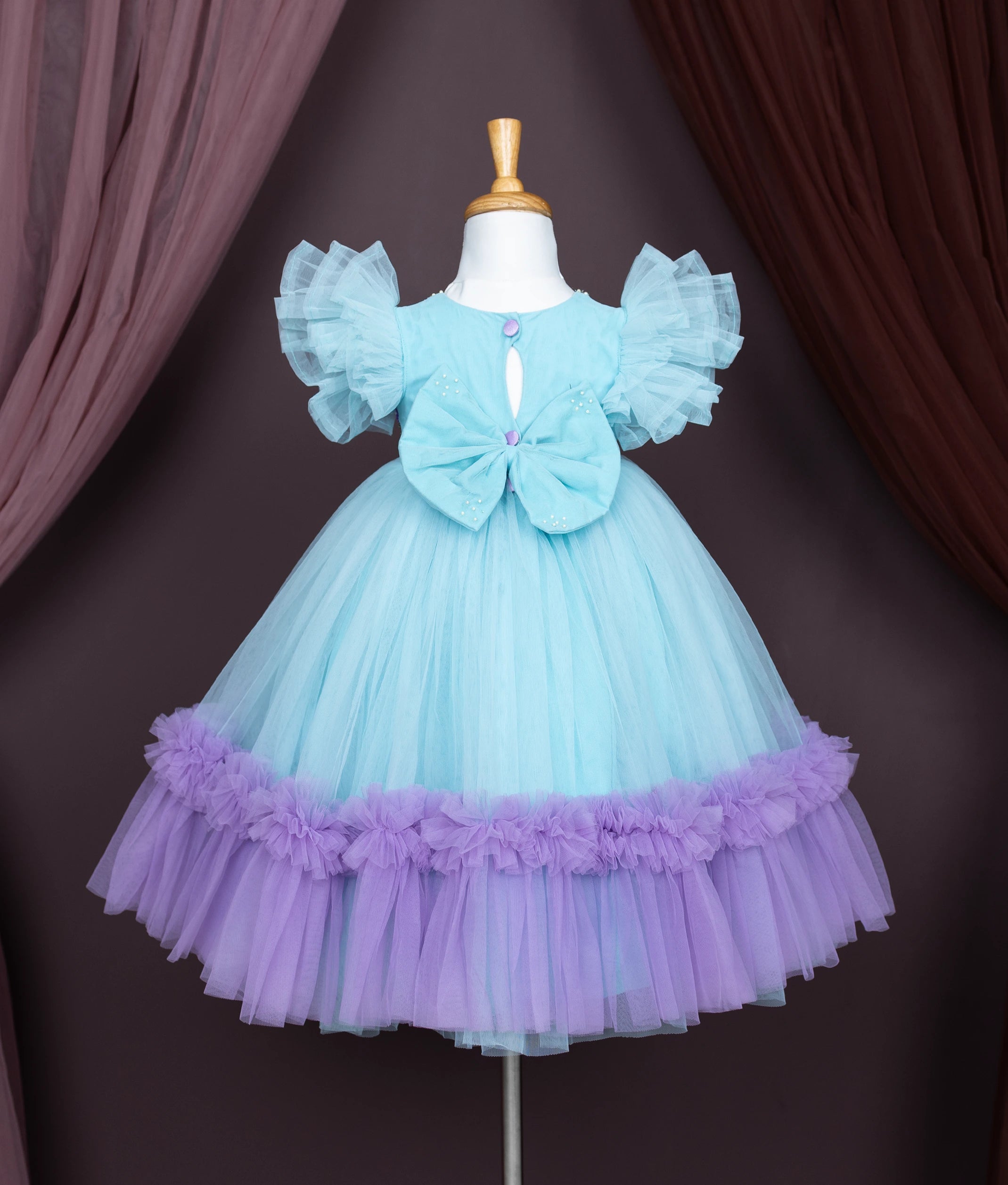 Blue Tulle Net Handworked Birthday Frock For Baby Girl [Ready To Ship: 7170A]