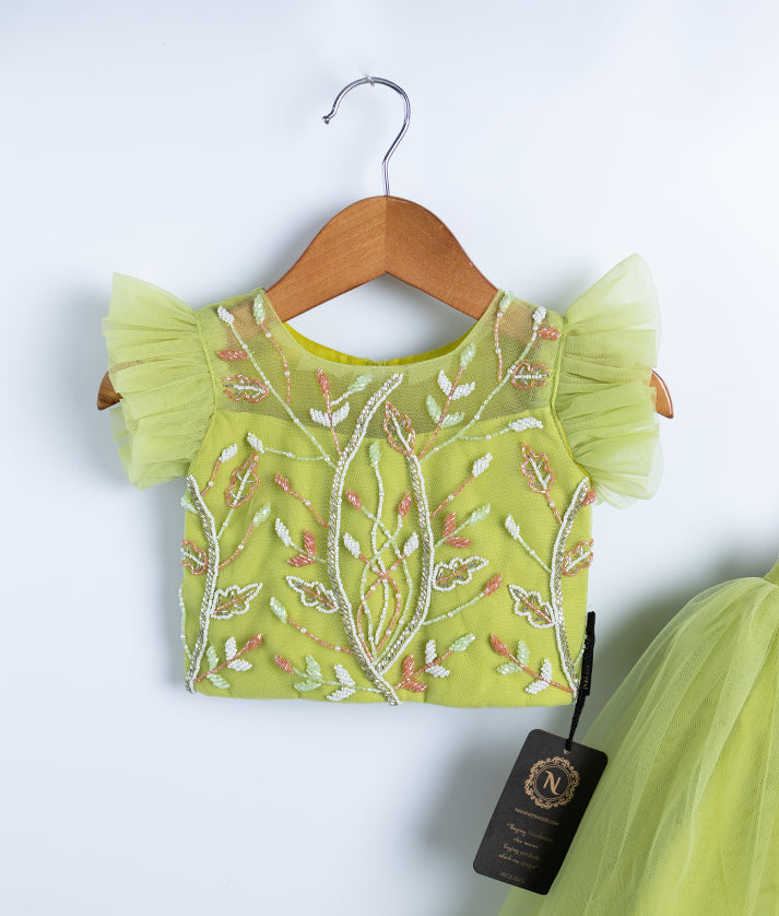 Pastel Green Tulle Net Handworked Crop Top With Full Length Skirt For Baby Girl [Ready to ship :7288A]