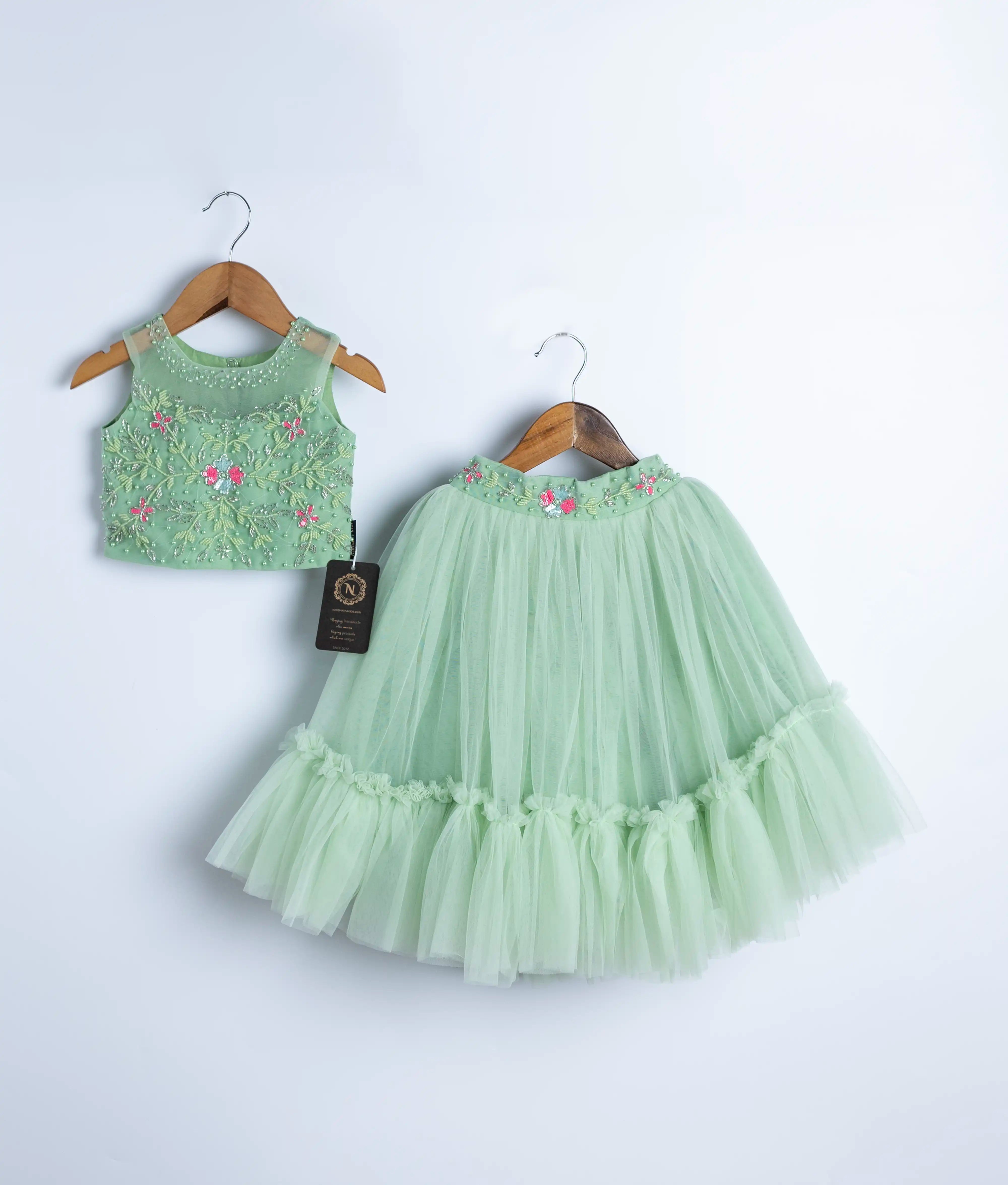 Pastel Green Tulle Net Handworked Crop Top with Full Length Skirt For Baby Girl [7329]