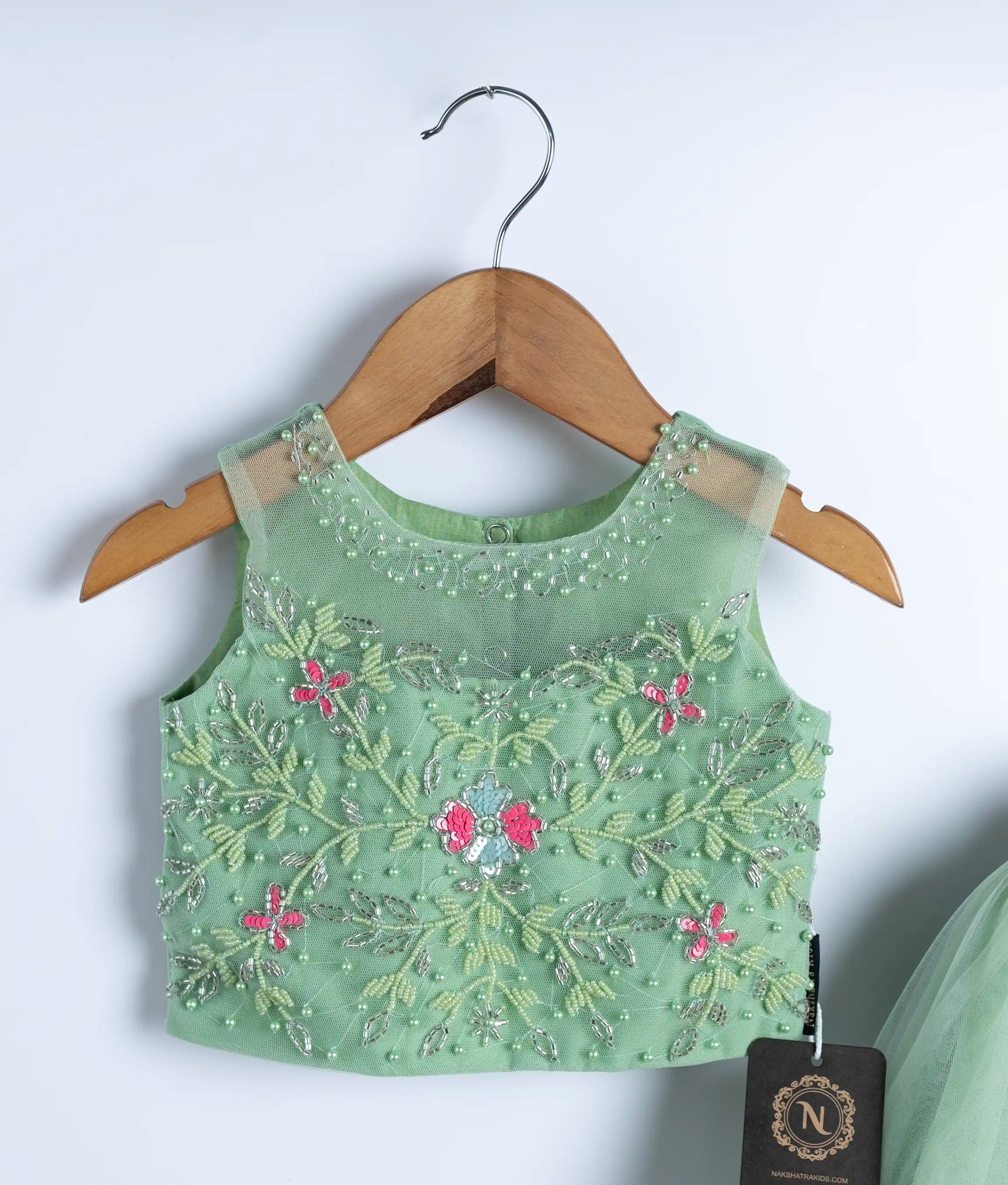 Pastel Green Tulle Net Handworked Crop Top with Full Length Skirt For Baby Girl [7329]