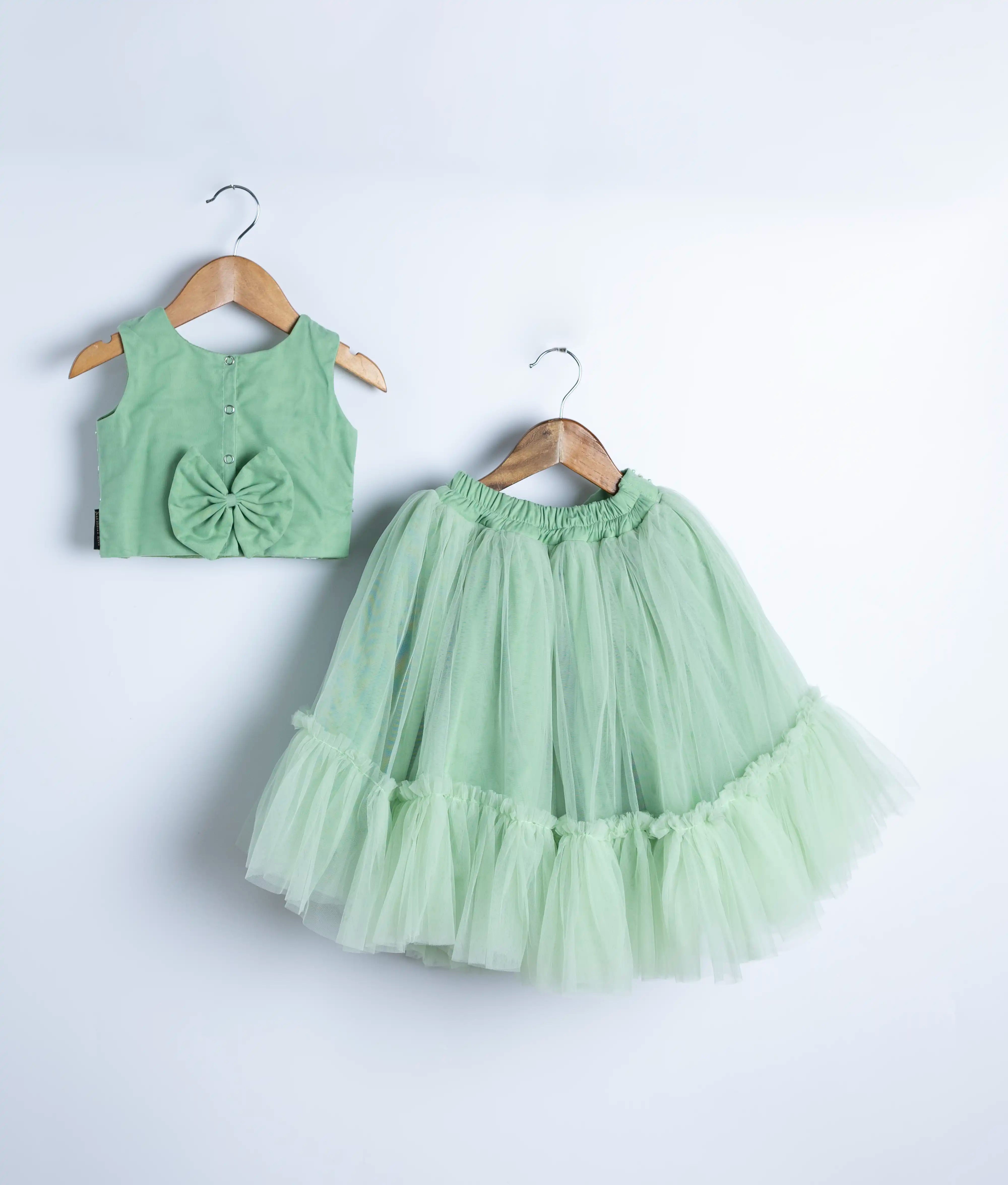 Pastel Green Tulle Net Handworked Crop Top with Full Length Skirt For Baby Girl [7329]