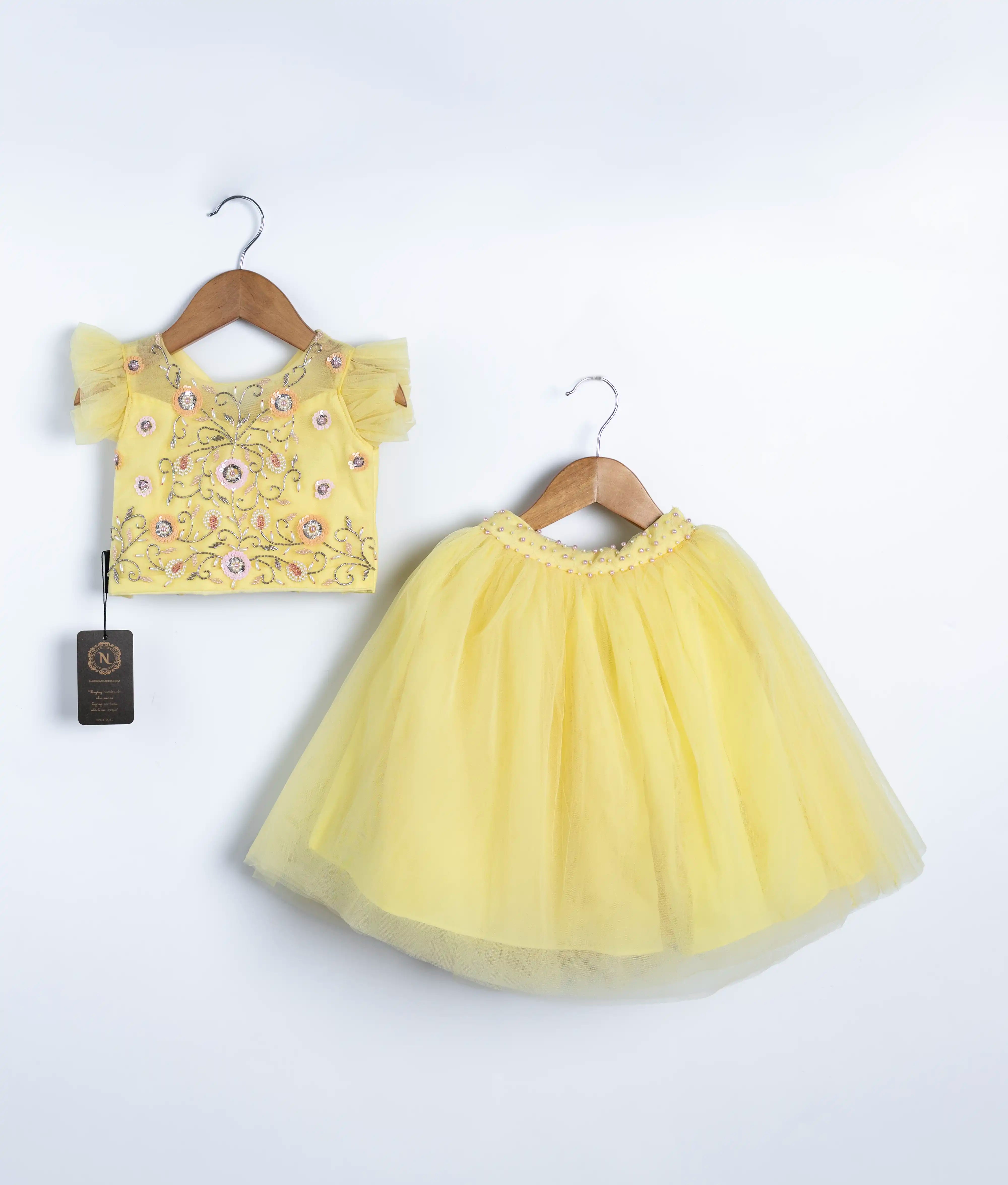Pastel Yellow Handworked  Crop Top With Full Length Skirt  For Baby Girl [7349]
