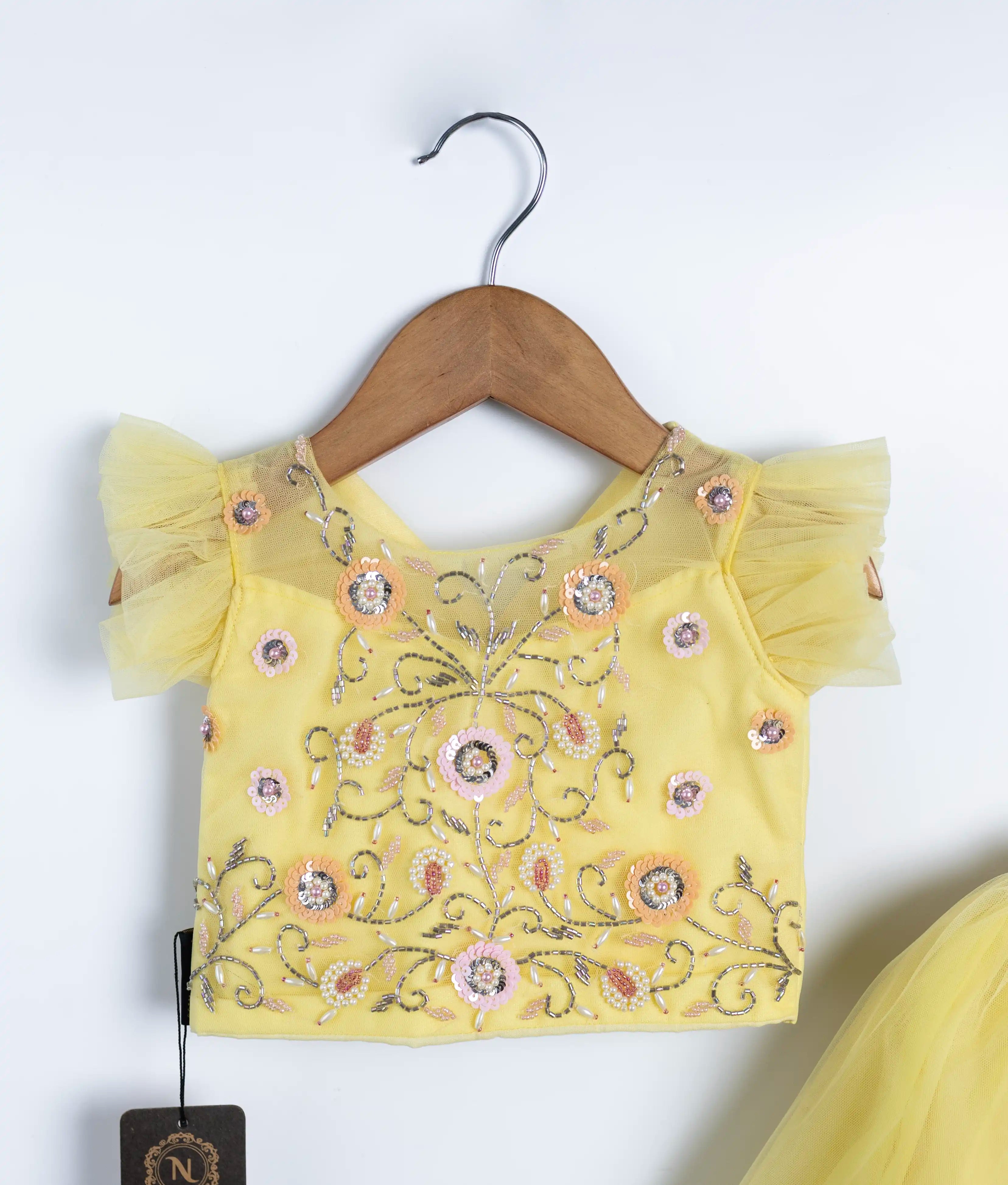 Pastel Yellow Handworked  Crop Top With Full Length Skirt  For Baby Girl [7349]