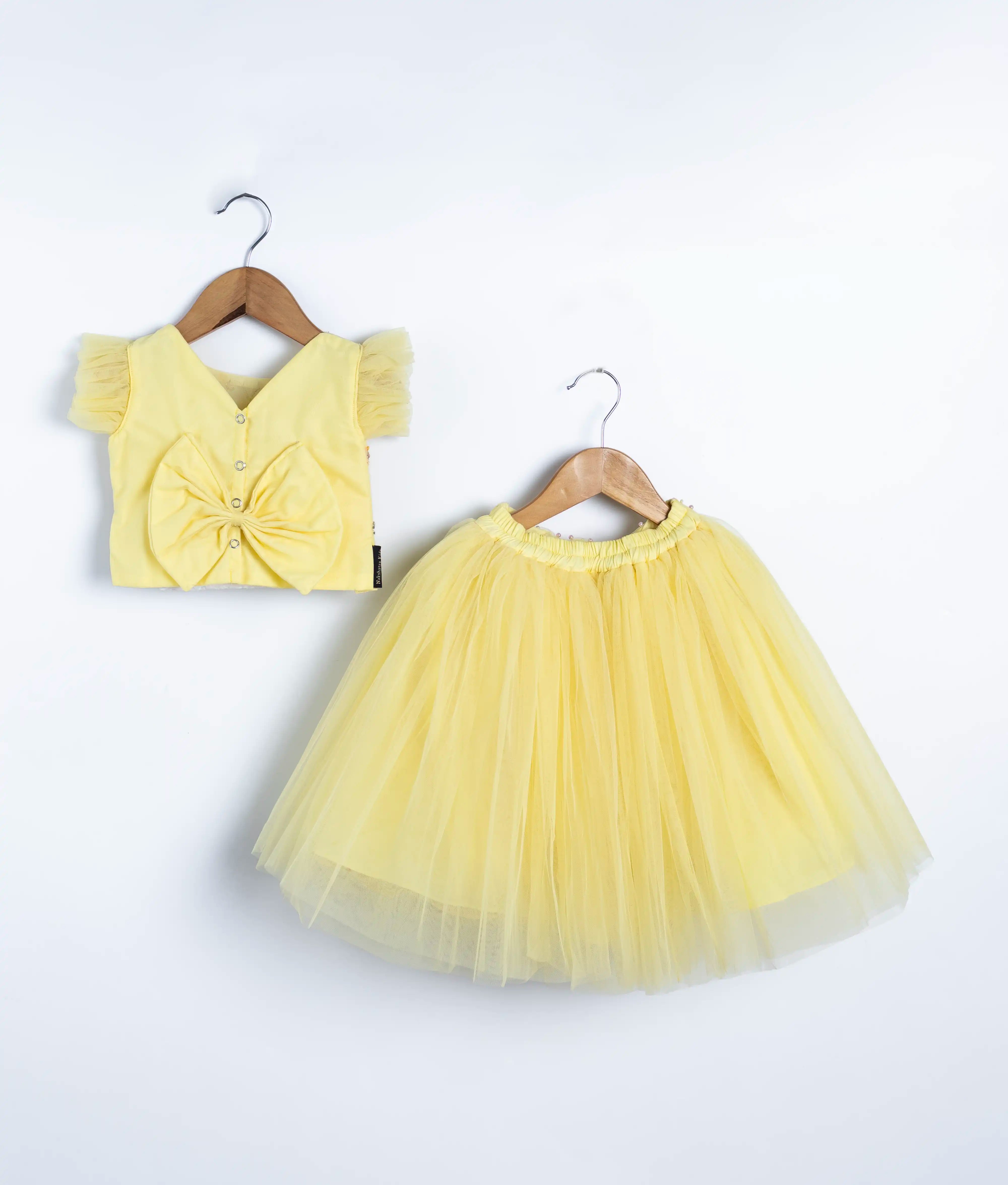 Pastel Yellow Handworked  Crop Top With Full Length Skirt  For Baby Girl [7349]