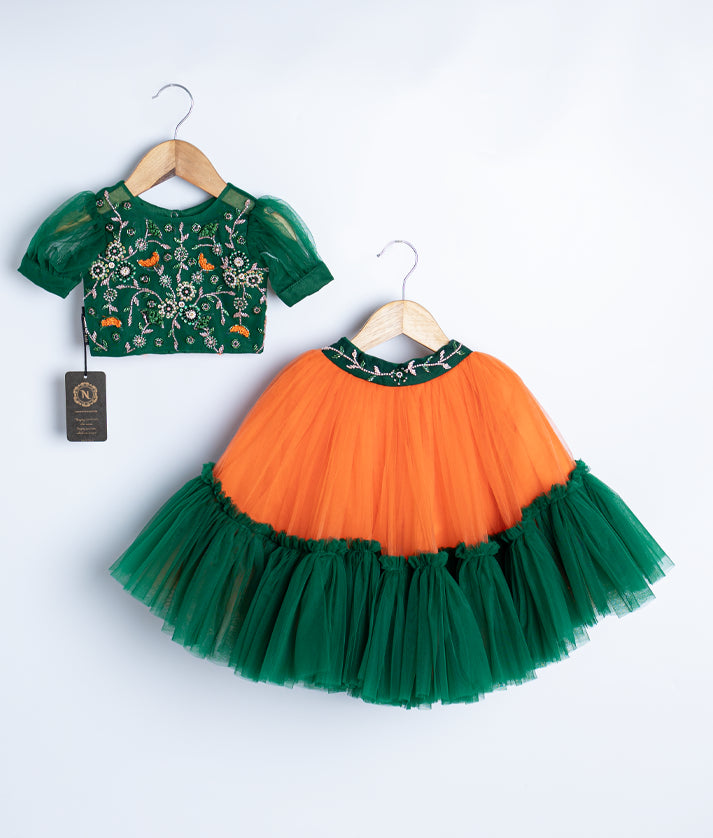 Bottle Green Crop Top With Orange Full Length Skirt For Baby Girl [Ready to ship :7361]