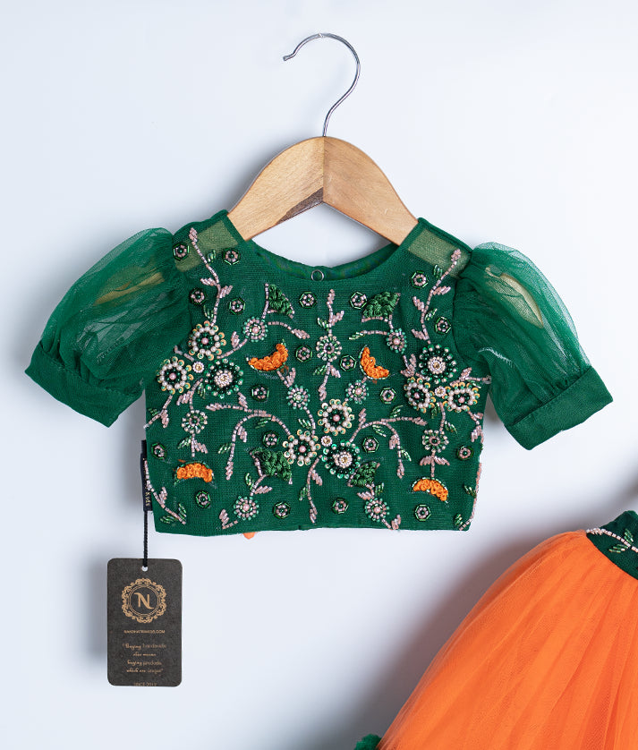 Bottle Green Crop Top With Orange Full Length Skirt For Baby Girl [Ready to ship :7361]