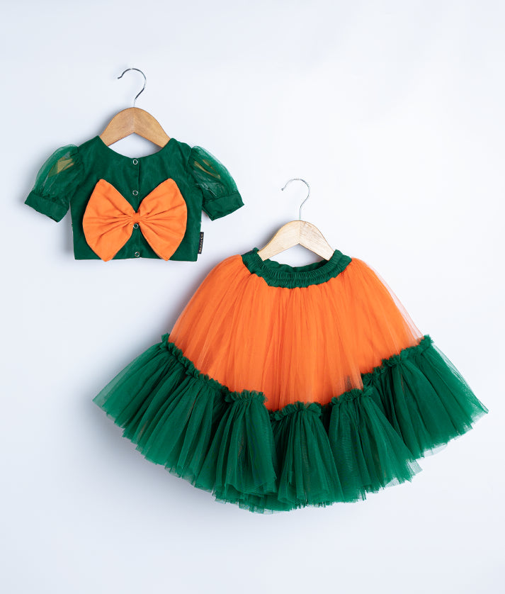 Bottle Green Crop Top With Orange Full Length Skirt For Baby Girl [Ready to ship :7361]