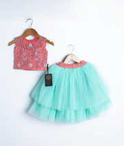Peach Tulle Net Handworked Crop Top With Full Length Ocean Blue Skirt For baby Girl [7439]