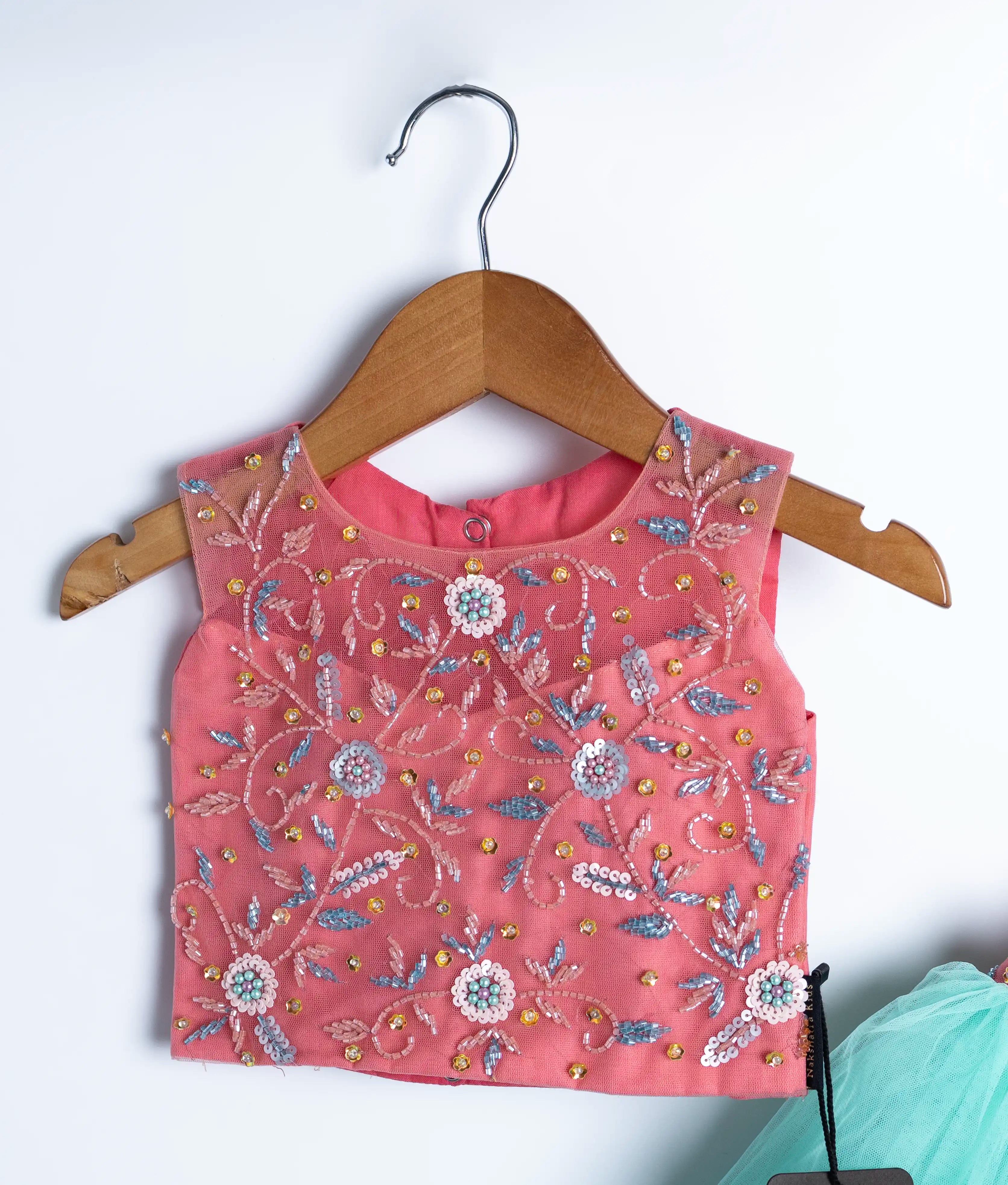 Peach Tulle Net Handworked Crop Top With Full Length Ocean Blue Skirt For baby Girl [7439]
