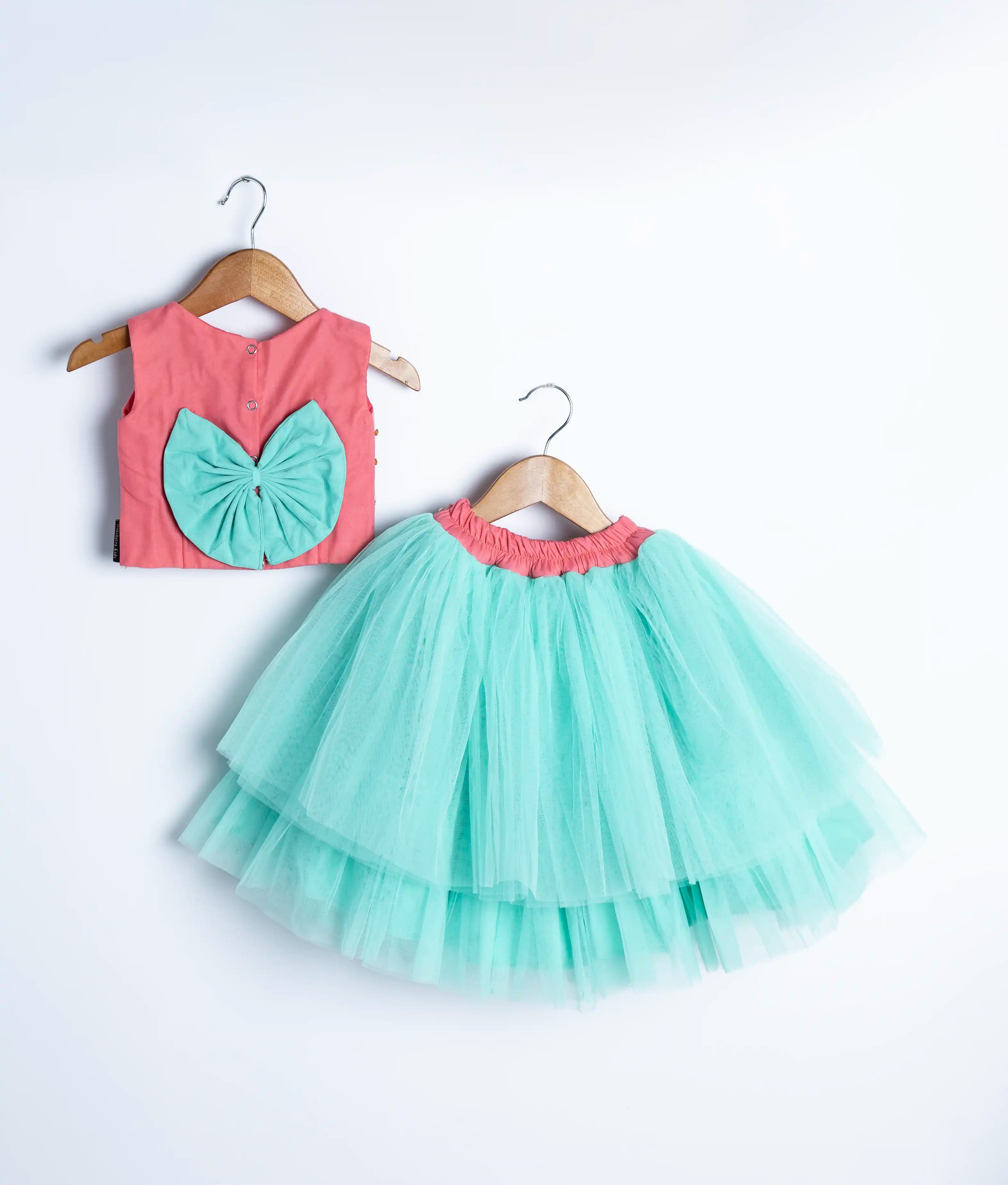 Peach Tulle Net Handworked Crop Top With Full Length Ocean Blue Skirt For baby Girl [7439]