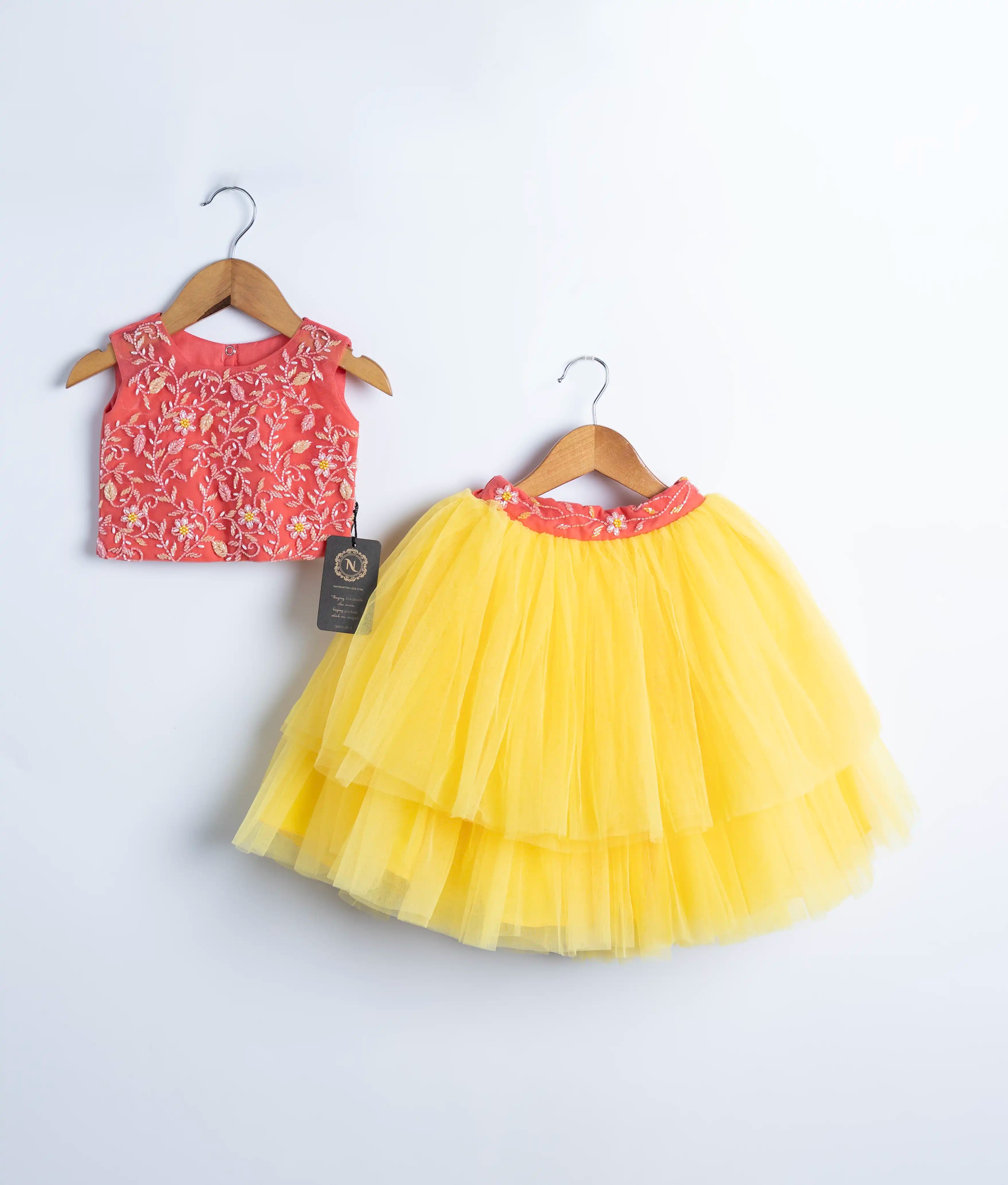Peach Handwork Crop Top with Yellow Skirt For Diwali [7440A]