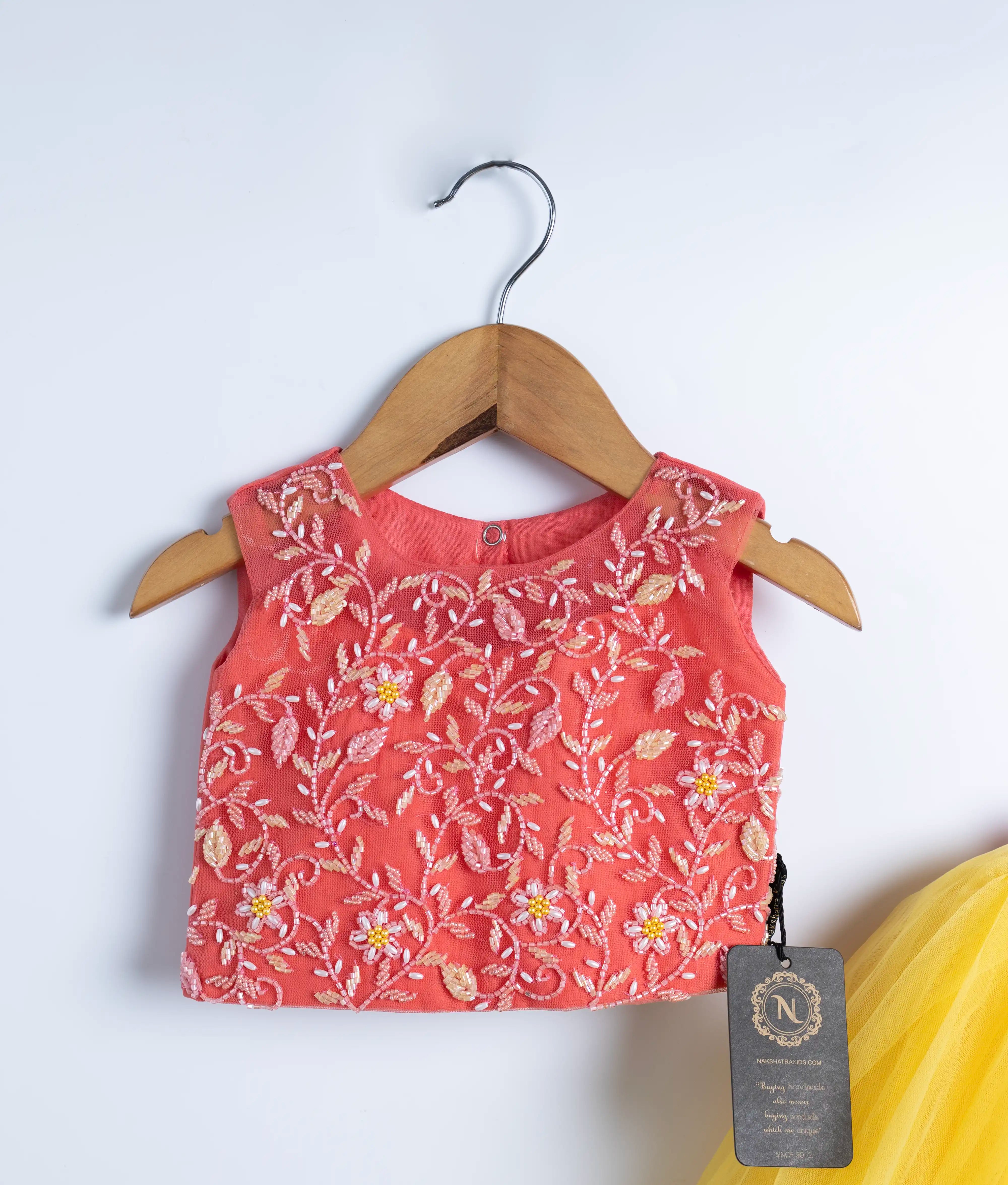 Peach Handwork Crop Top with Yellow Skirt For Diwali [7440A]