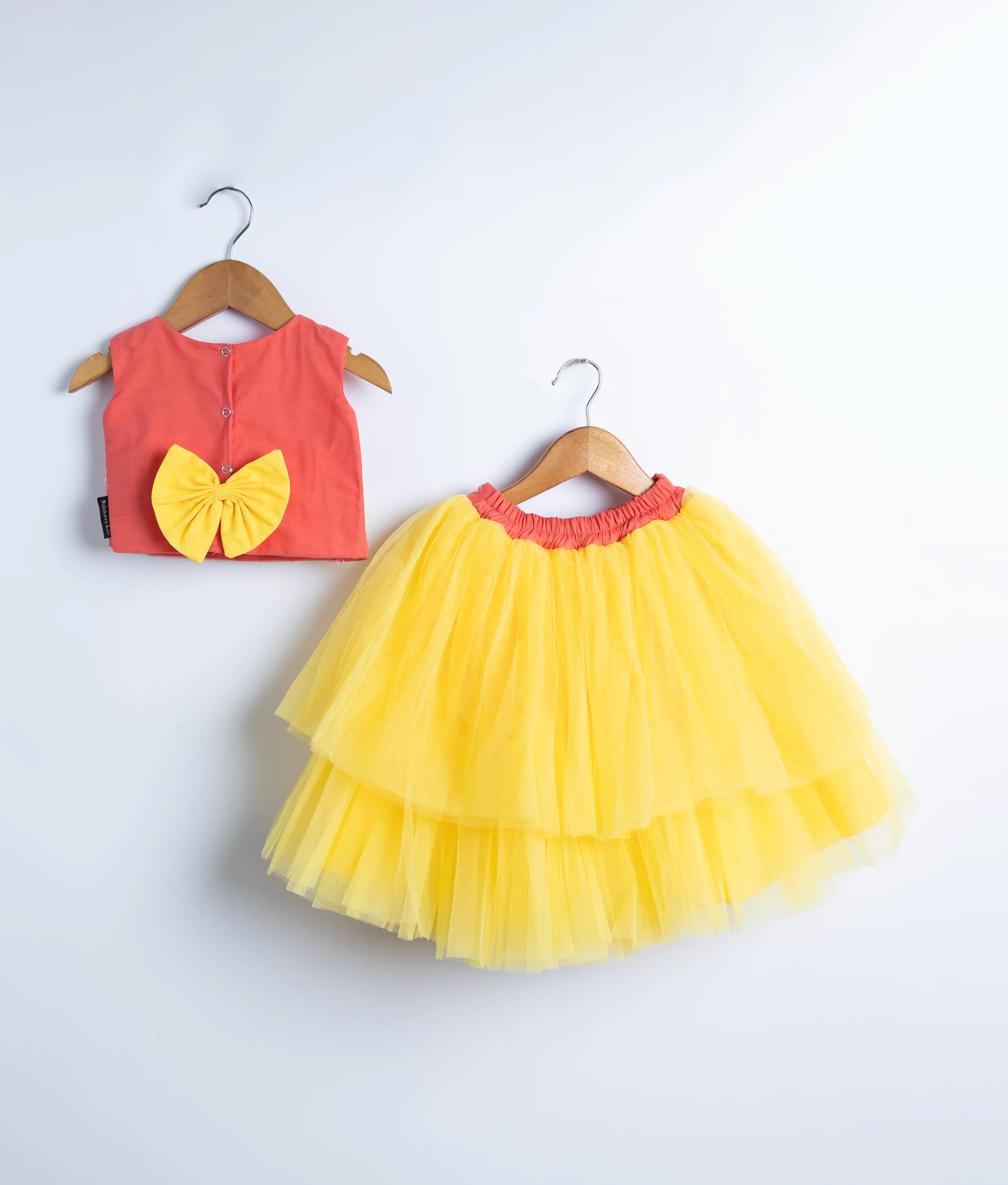 Peach Handwork Crop Top with Yellow Skirt For Diwali [7440A]