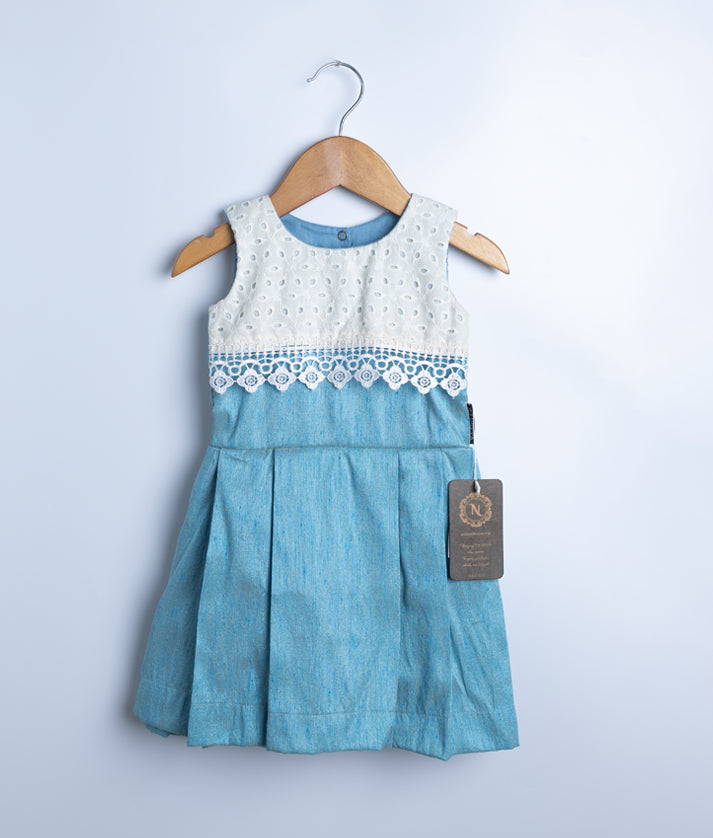 Blue Semi Silk A-line Casual Frock For Baby Girl [7509]