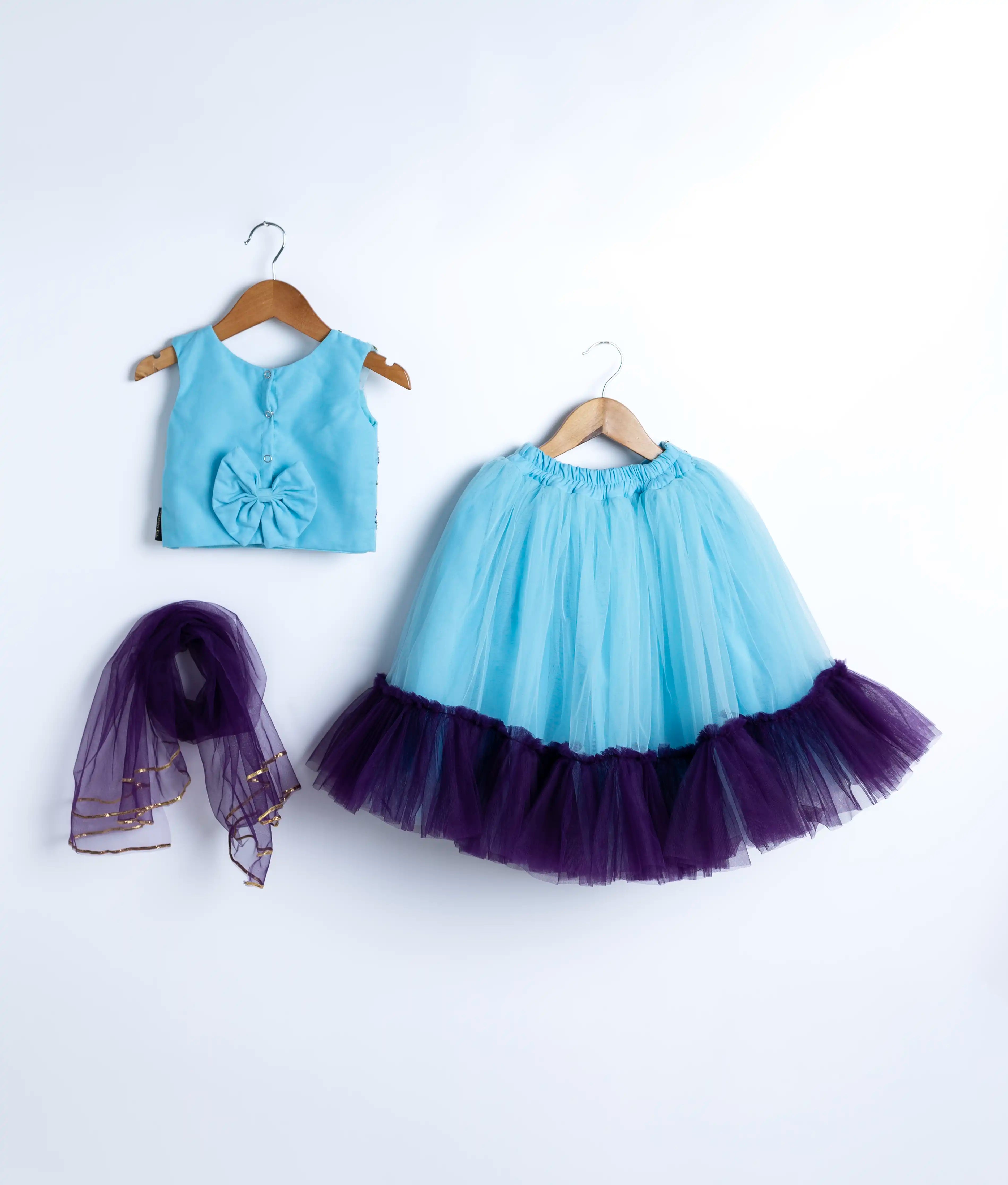 Back view of an sky blue tulle net  crop top with full skirt and a violet dupatta, displayed on hangers.