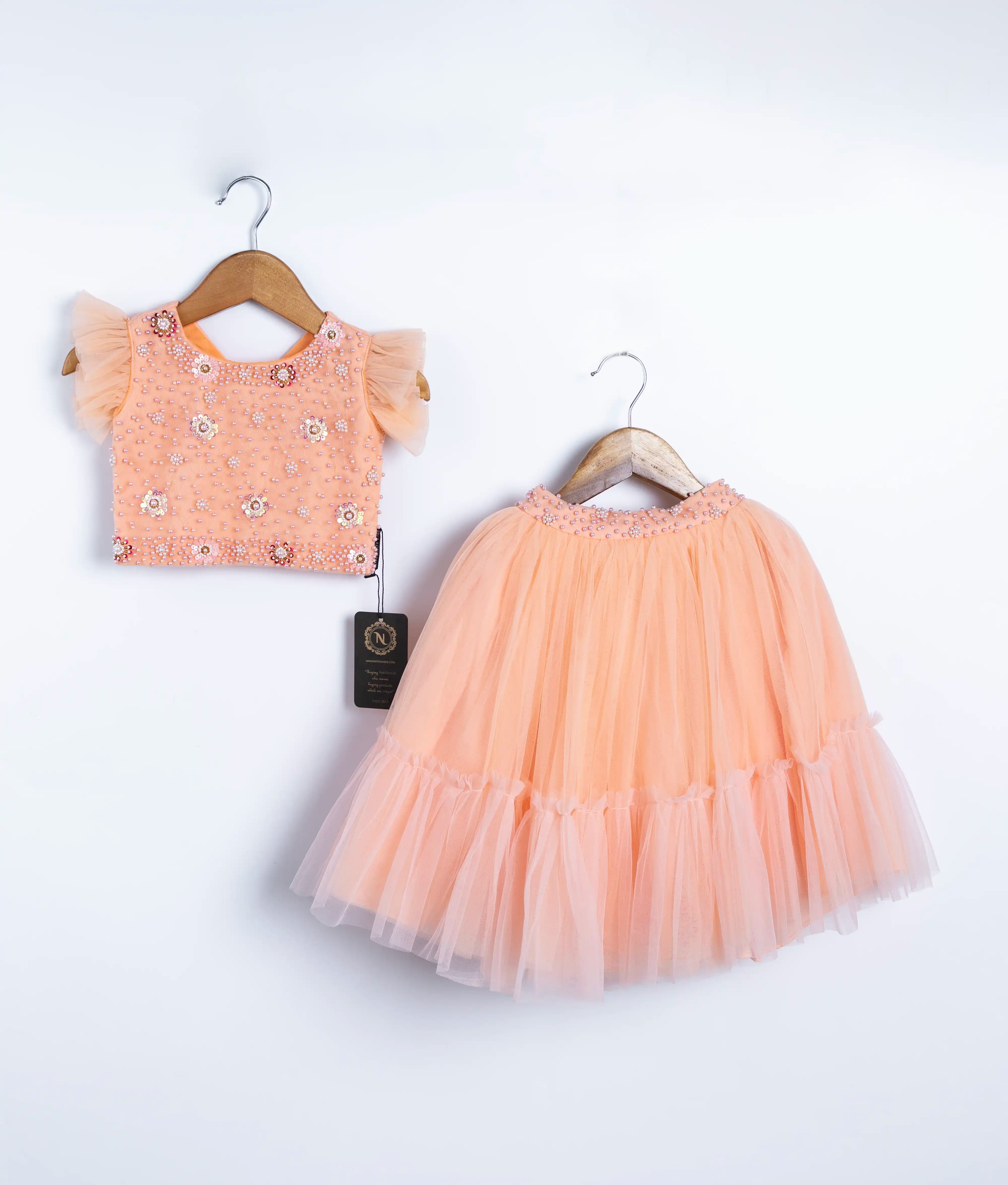 Peach Tulle Net Handworked Crop Top With full Length Skirt For Baby Girl [7613]