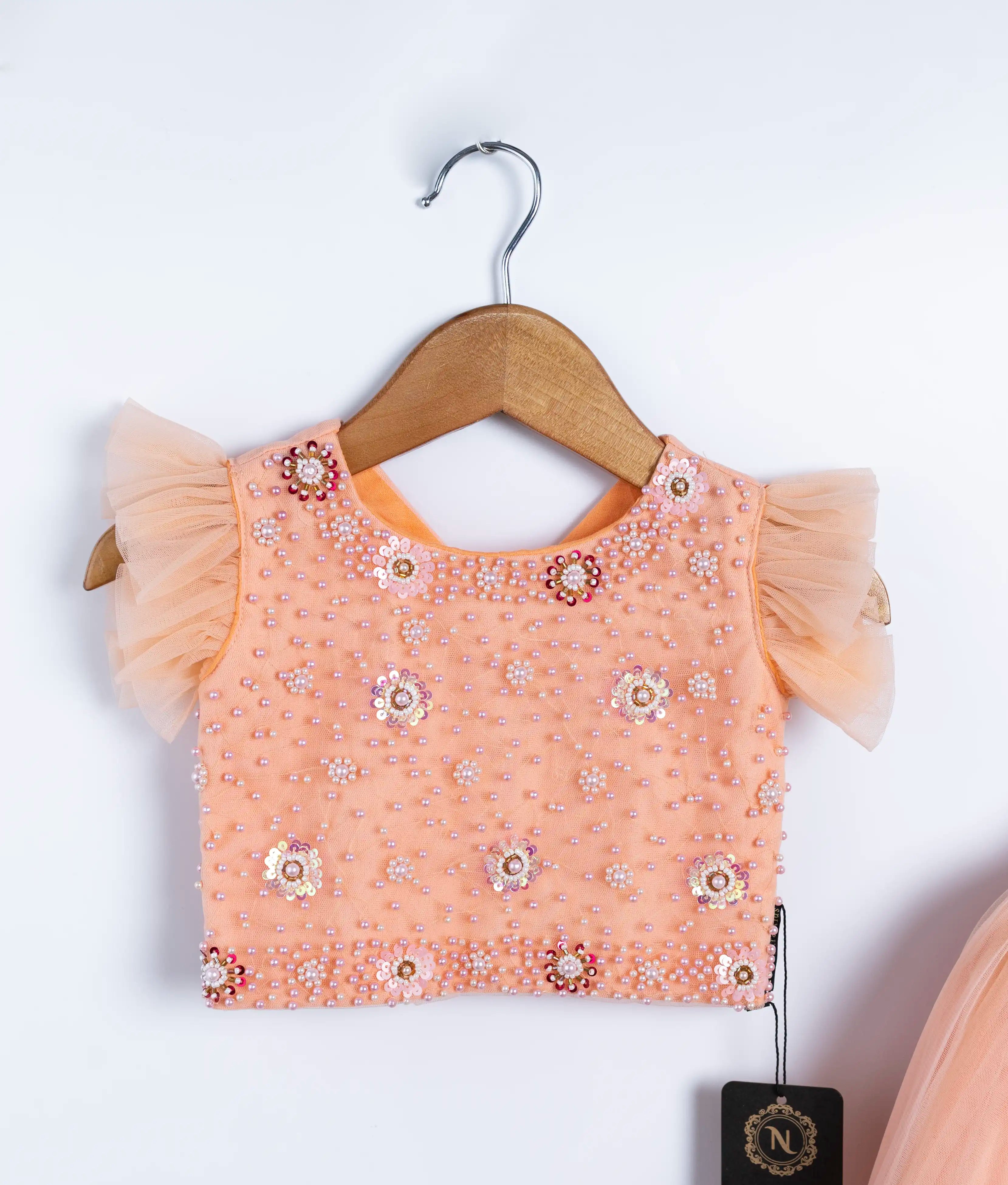 Peach Tulle Net Handworked Crop Top With full Length Skirt For Baby Girl [7613]