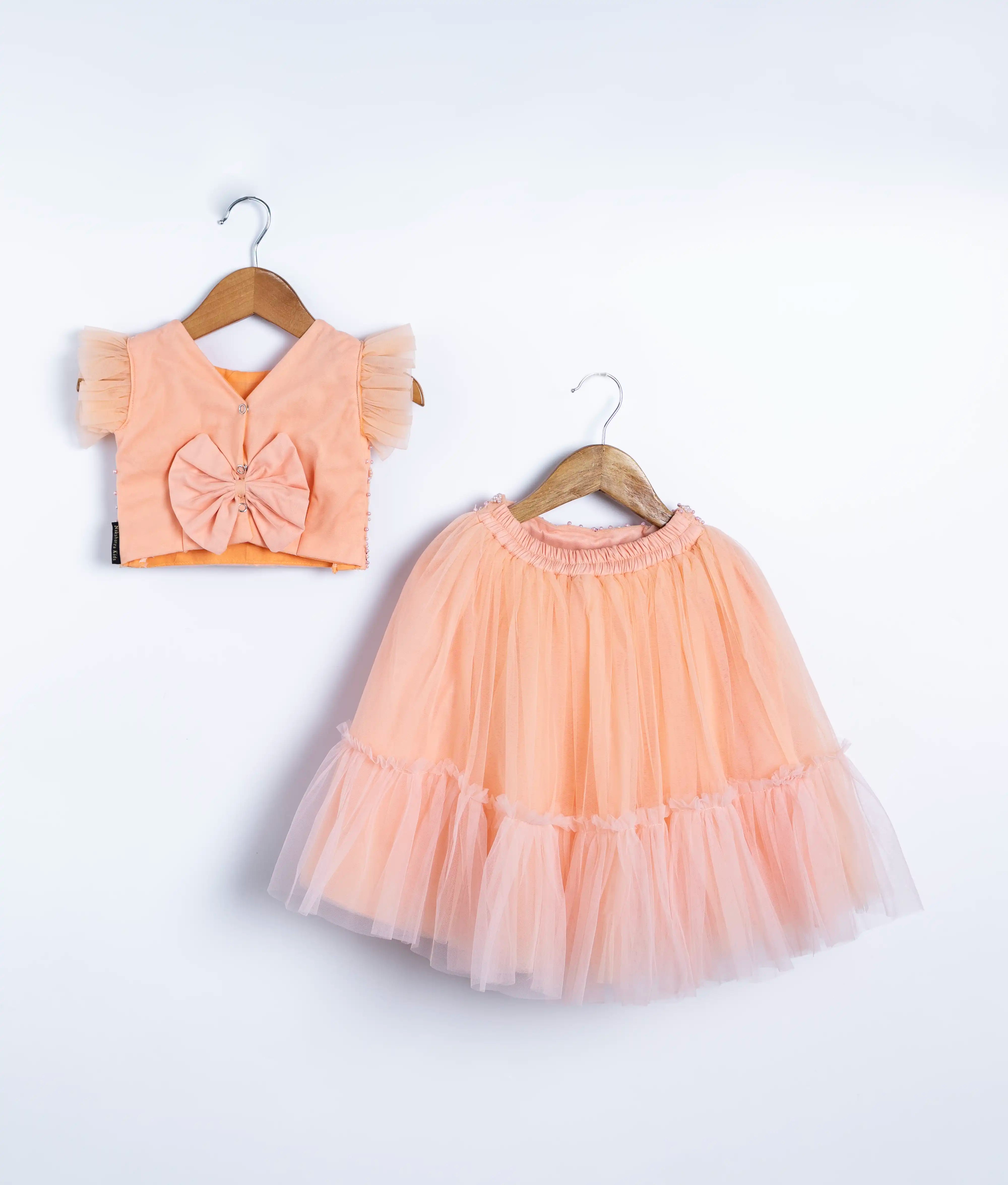 Peach Tulle Net Handworked Crop Top With full Length Skirt For Baby Girl [7613]