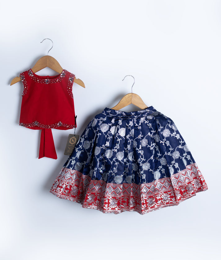 Red Handwork Top with Banarasi Skirt For Baby Girl [7668]