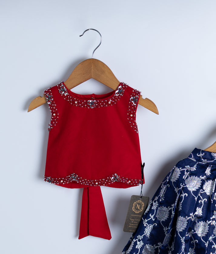 Red Handwork Top with Banarasi Skirt For Baby Girl [7668]