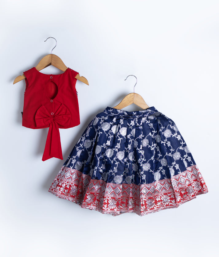 Red Handwork Top with Banarasi Skirt For Baby Girl [7668]