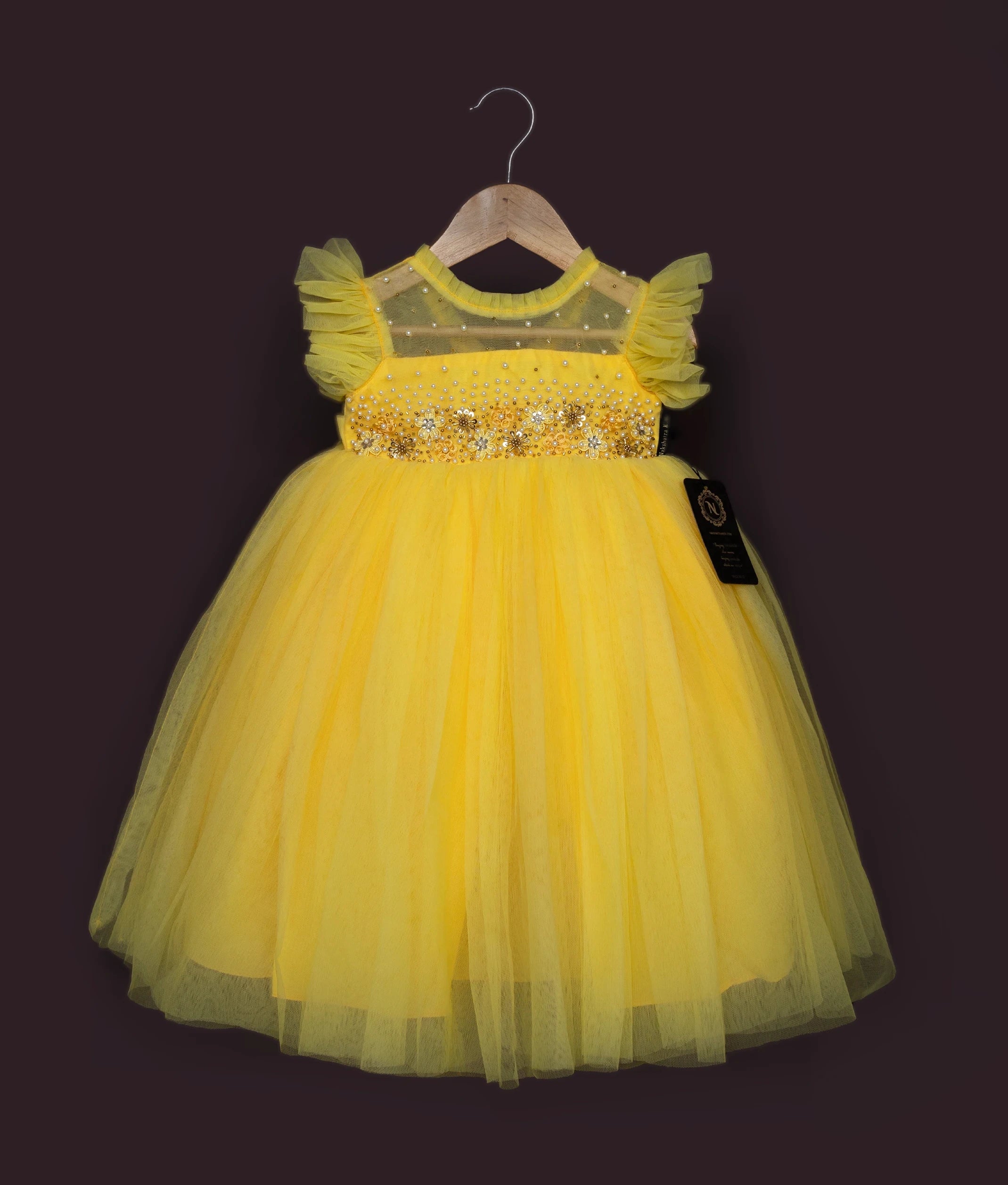 Yellow Tulle Net Handworked Birthday Gown For Baby Girl [Ready To Ship: 7691]