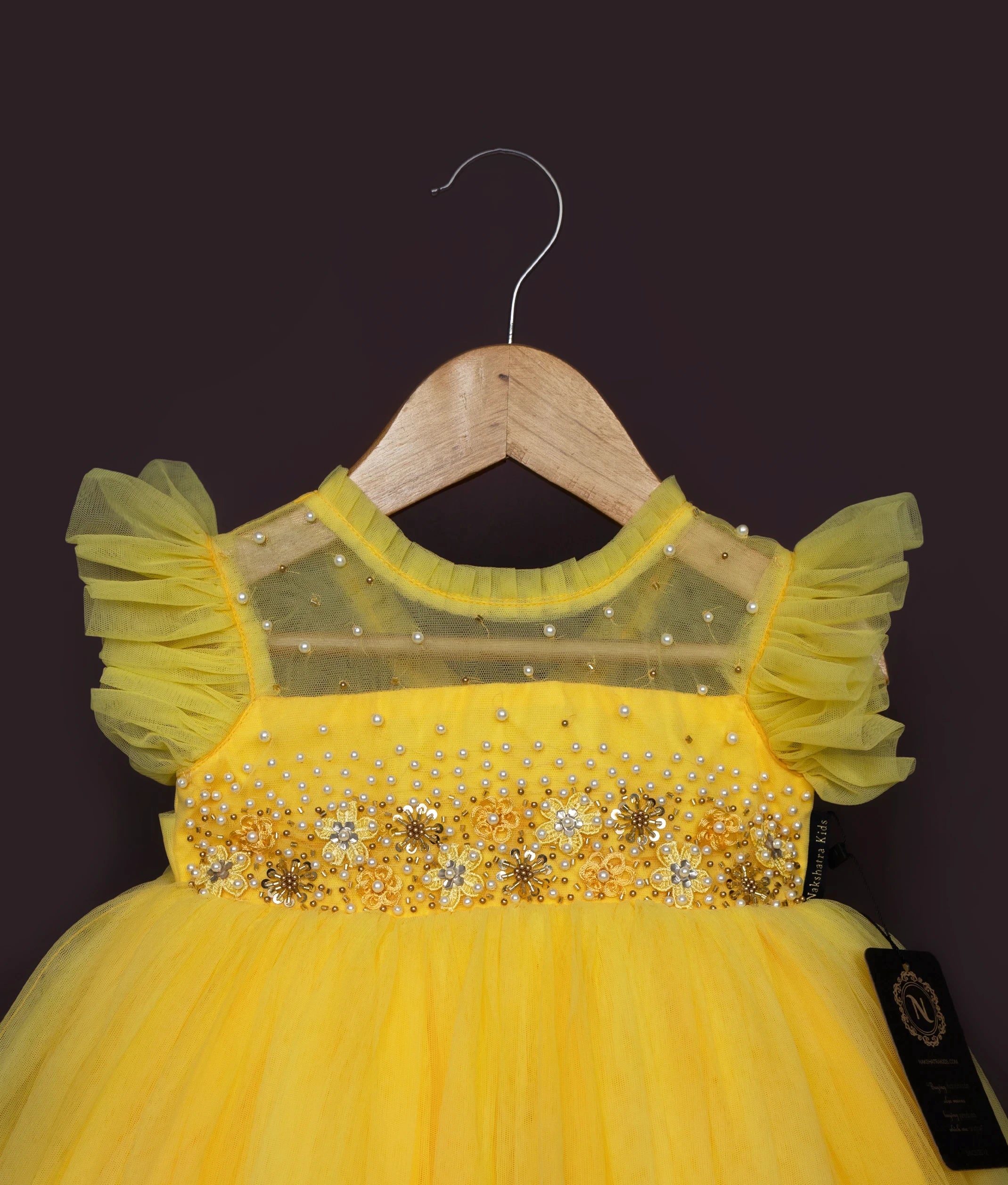 Yellow Tulle Net Handworked Birthday Gown For Baby Girl [Ready To Ship: 7691]