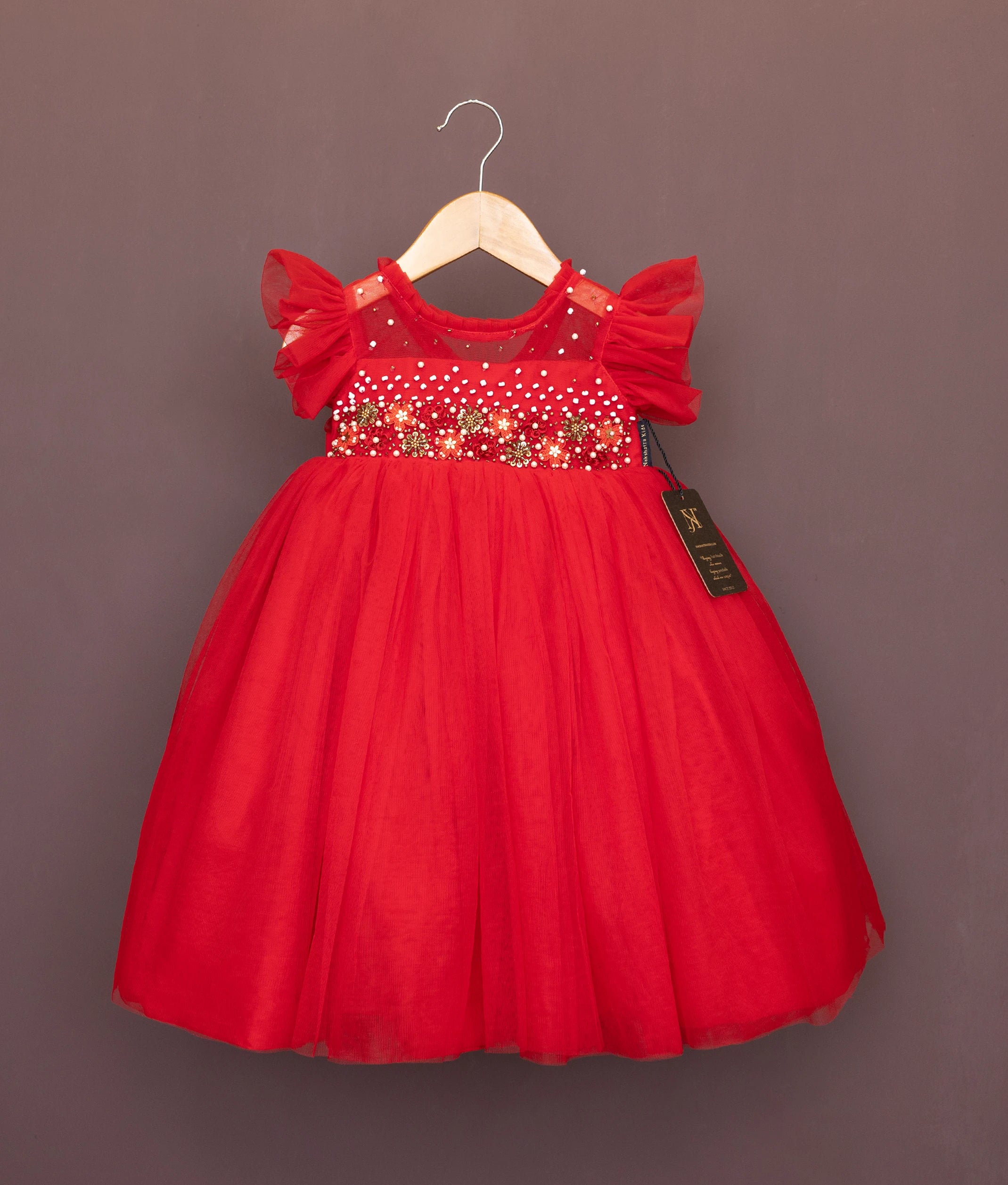 Red Tulle Net Handworked Birthday Gown For Baby Girl [Ready To Ship: 7712]