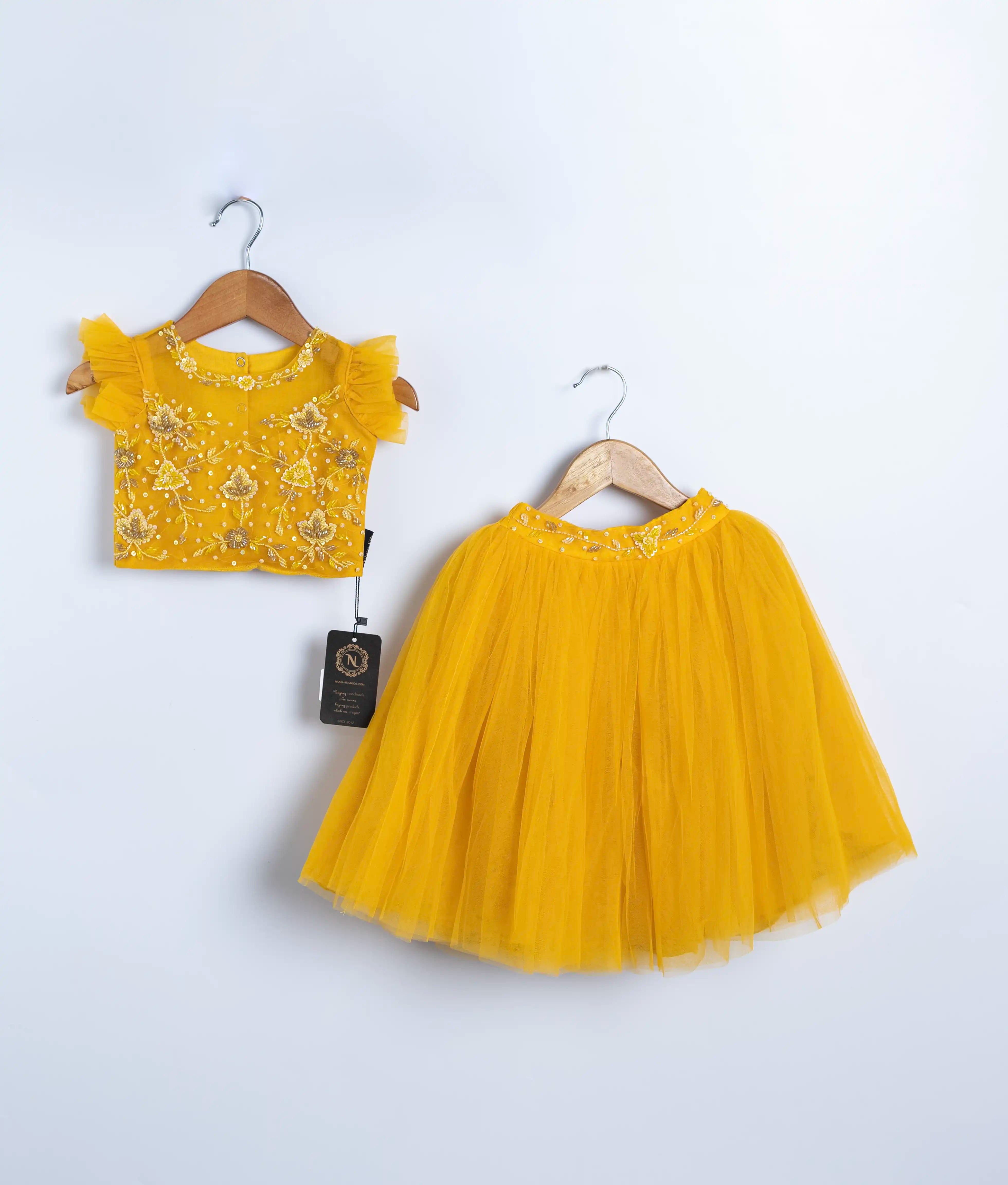 Yellow Tulle Net Handworked Crop Top With Full Length Skirt For Baby Girl [Ready to ship :7859]