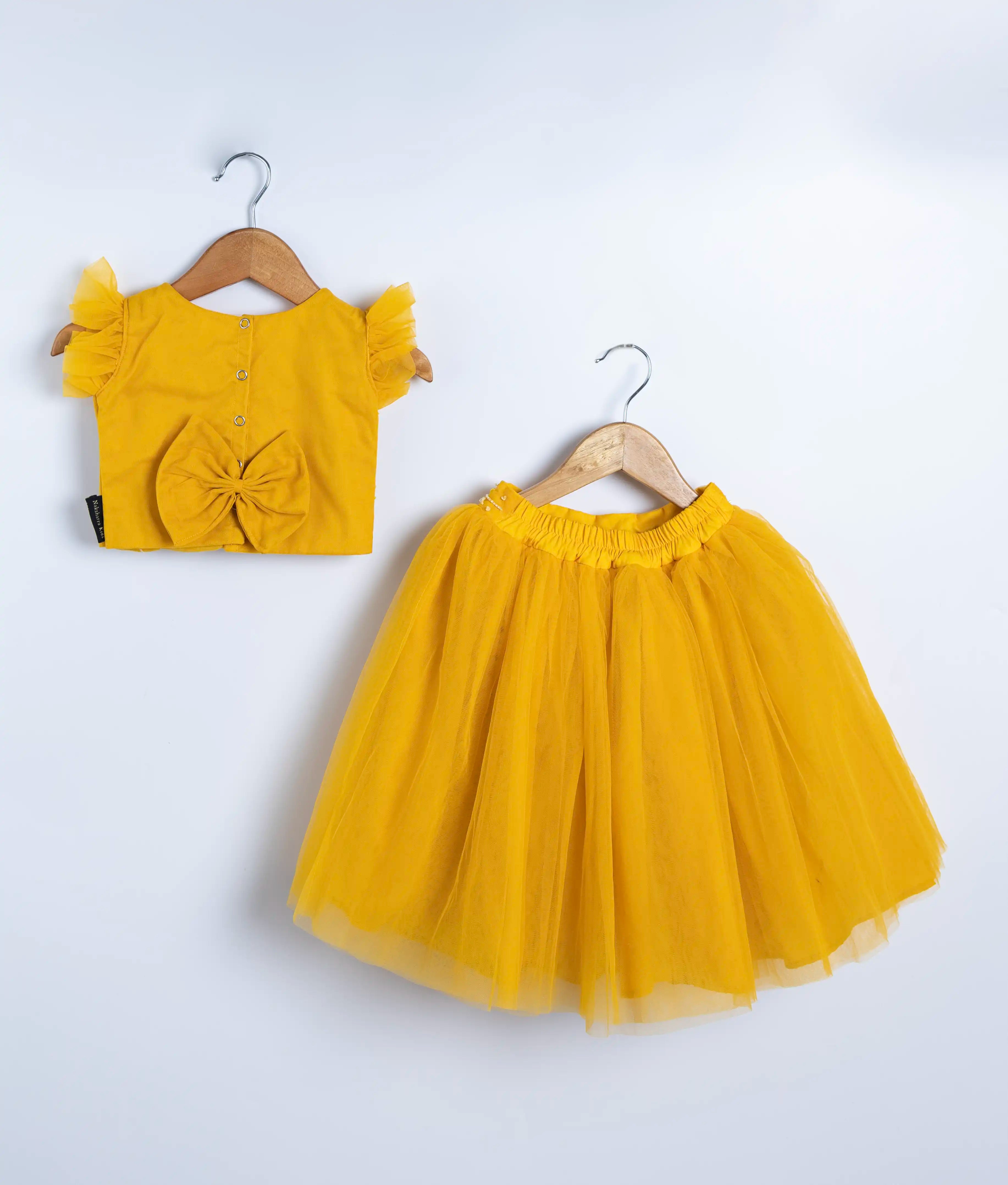 Yellow Tulle Net Handworked Crop Top With Full Length Skirt For Baby Girl [7859]