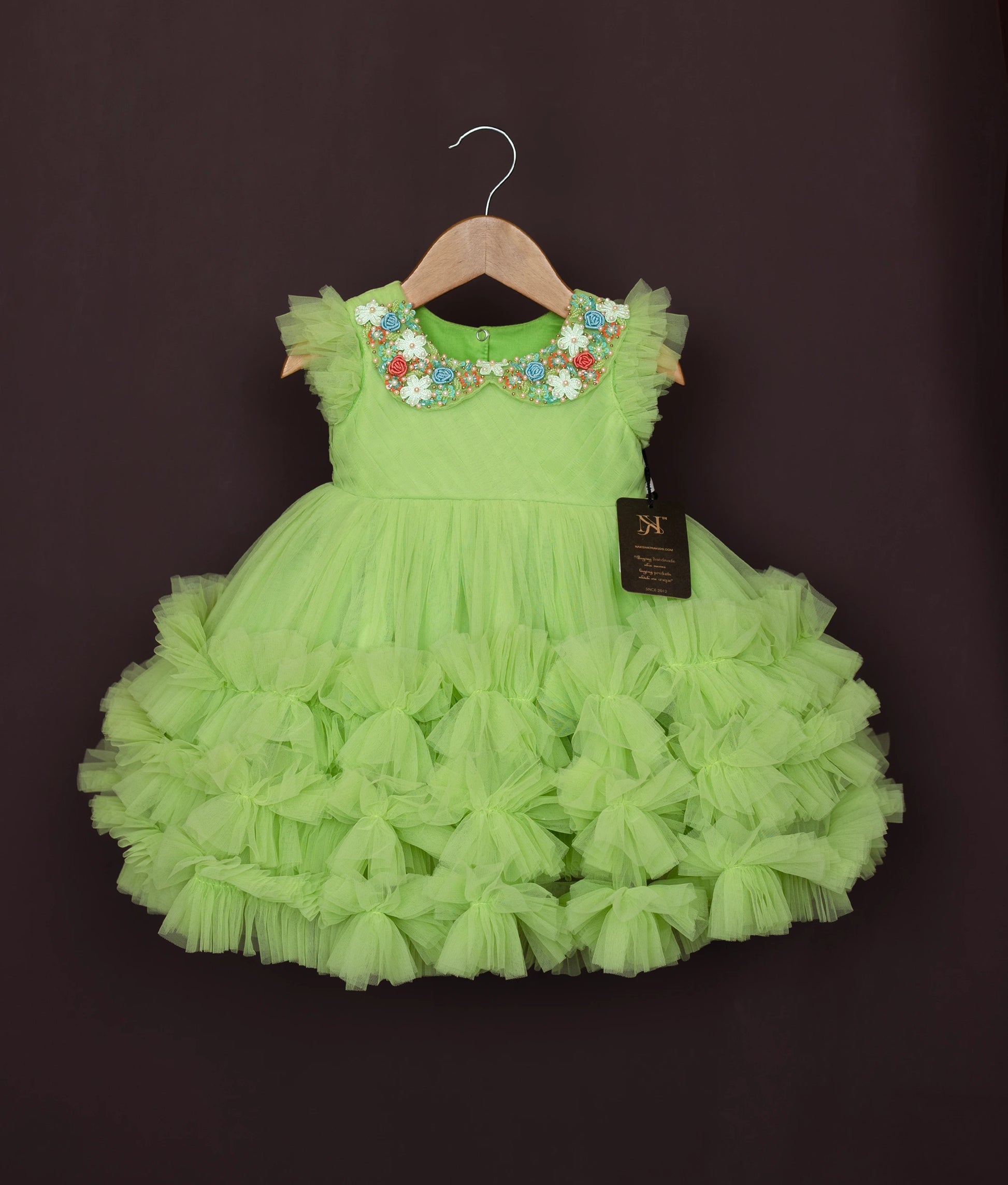 Green Tulle Net Handworked Birthday Frock For Baby Girl [Ready to