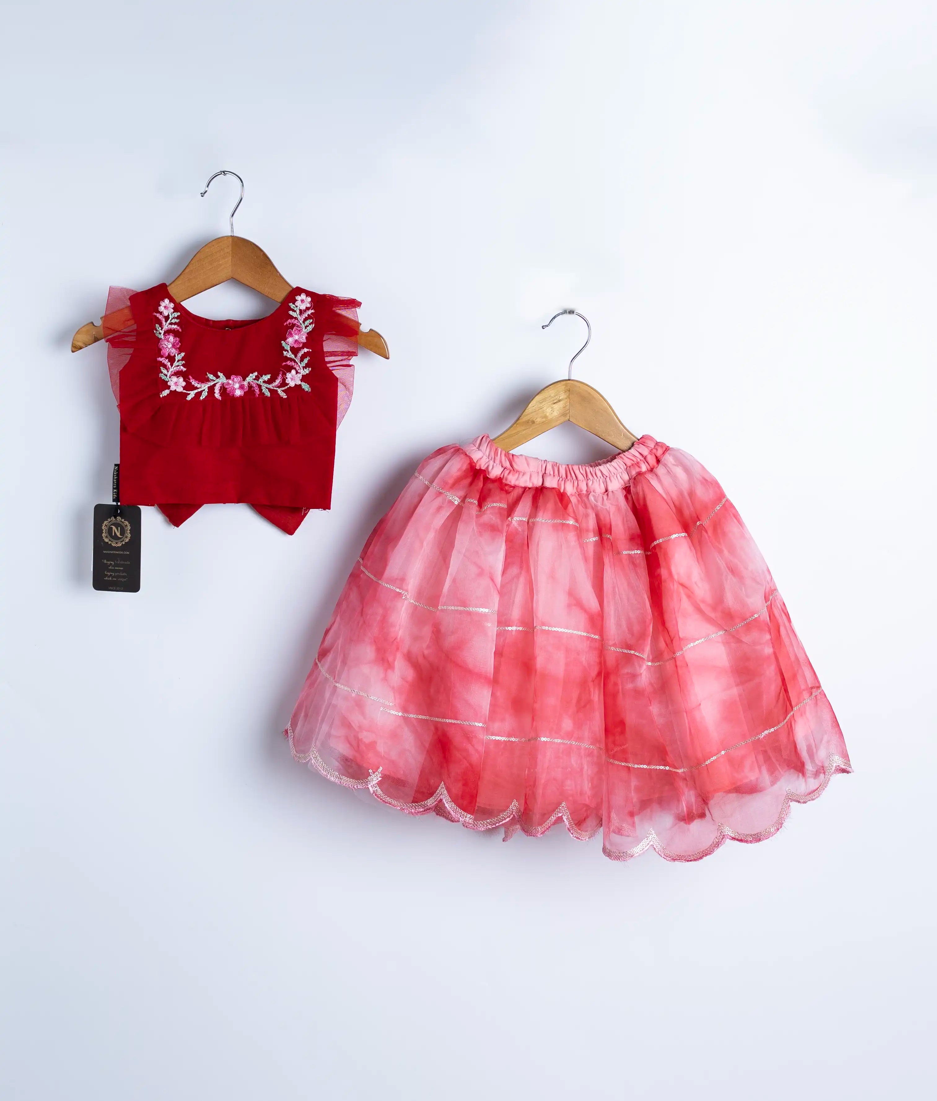 Red Embroidery Crop Top with Full Length Organza Skirt For Baby Girl [Ready to ship :7909]