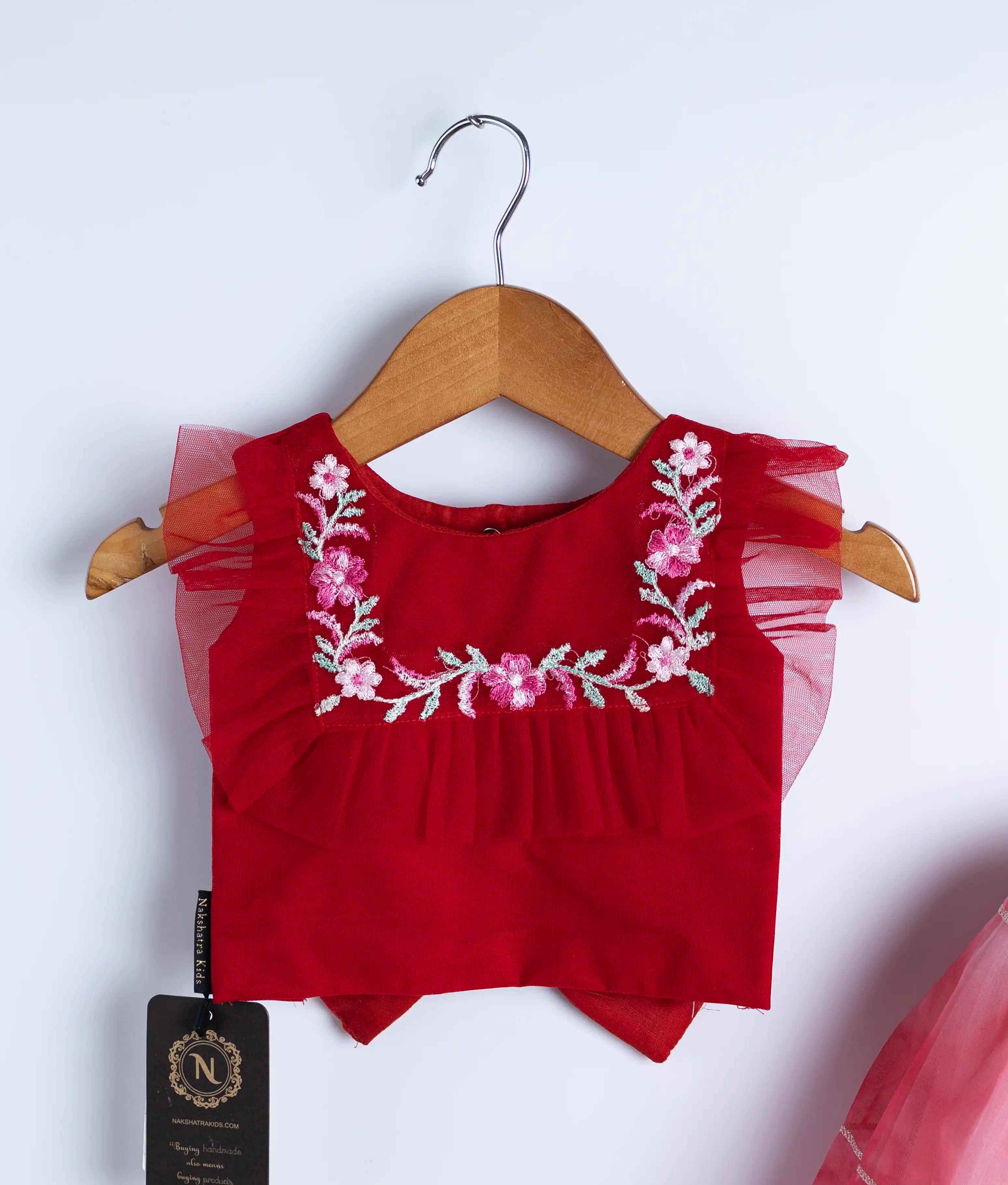 Red Embroidery Crop Top with Full Length Organza Skirt For Baby Girl [Ready to ship :7909]