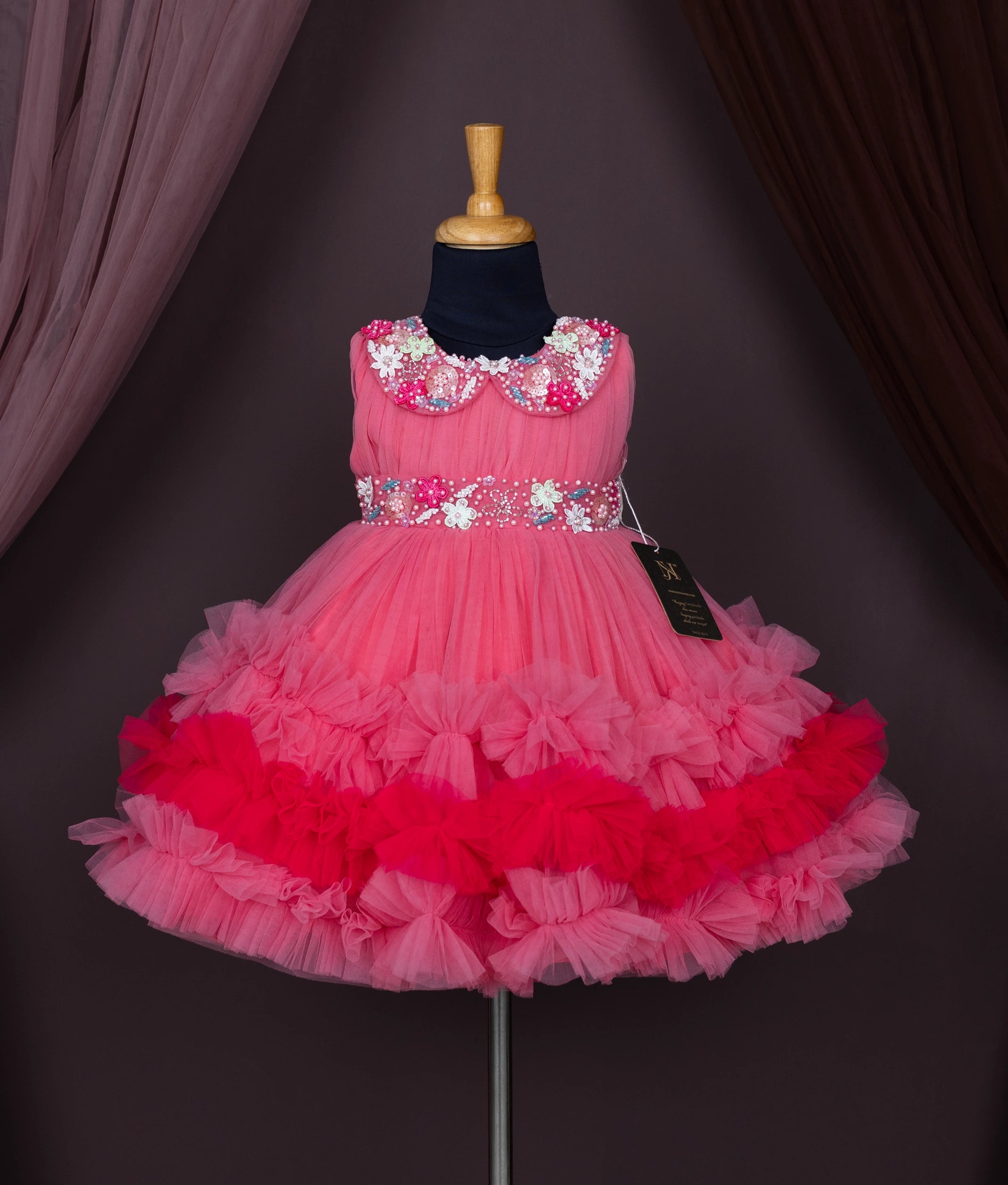 Pink Tulle Net Hand worked Birthday Frock for Baby Girl [7954A]