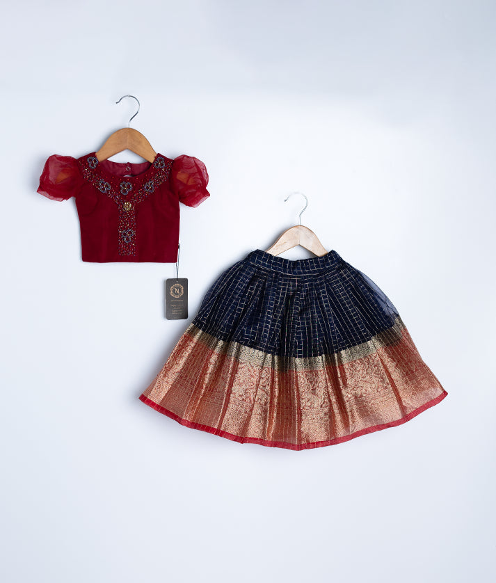 Maroon and Blue Tulle Net Handworked Top with Organza Skirt for Baby Girl [7982]