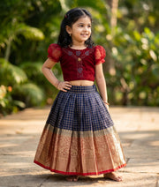 Maroon and Blue Tulle Net Handworked Top with Organza Skirt for Baby Girl [7982]