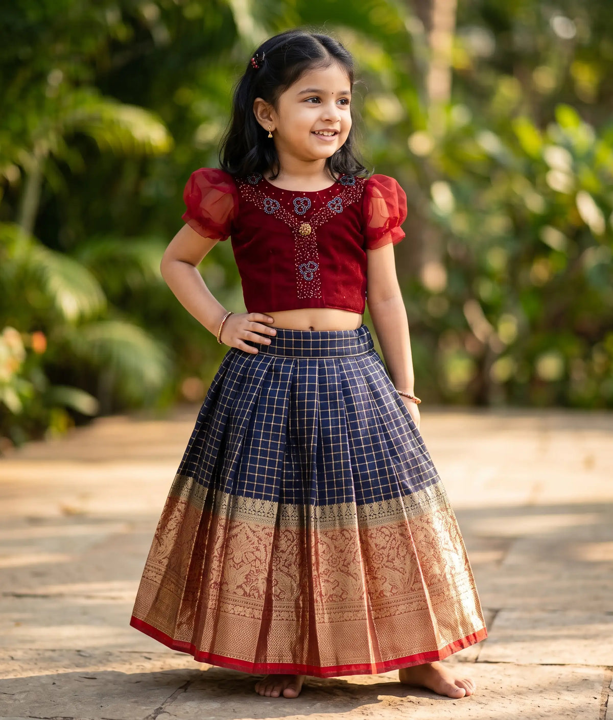Maroon and Blue Tulle Net Handworked Top with Organza Skirt for Baby Girl [7982]