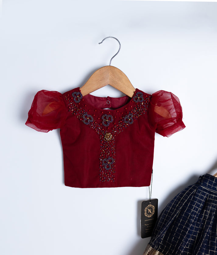 Maroon and Blue Tulle Net Handworked Top with Organza Skirt for Baby Girl [7982]