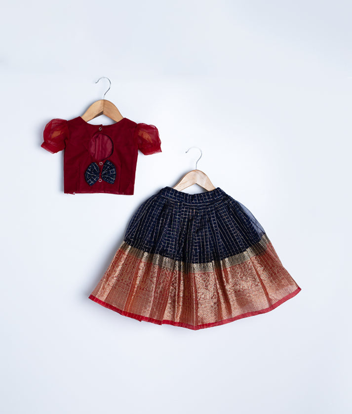Maroon and Blue Tulle Net Handworked Top with Organza Skirt for Baby Girl [7982]
