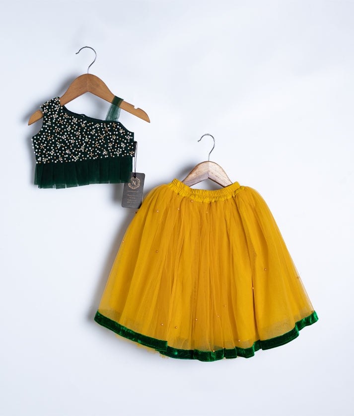 Bottle Green Tulle Net Handworked Top WIth Yellow Full Length Skirt [863A]