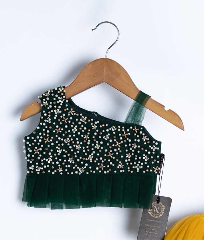 Bottle Green Tulle Net Handworked Top WIth Yellow Full Length Skirt [863A]
