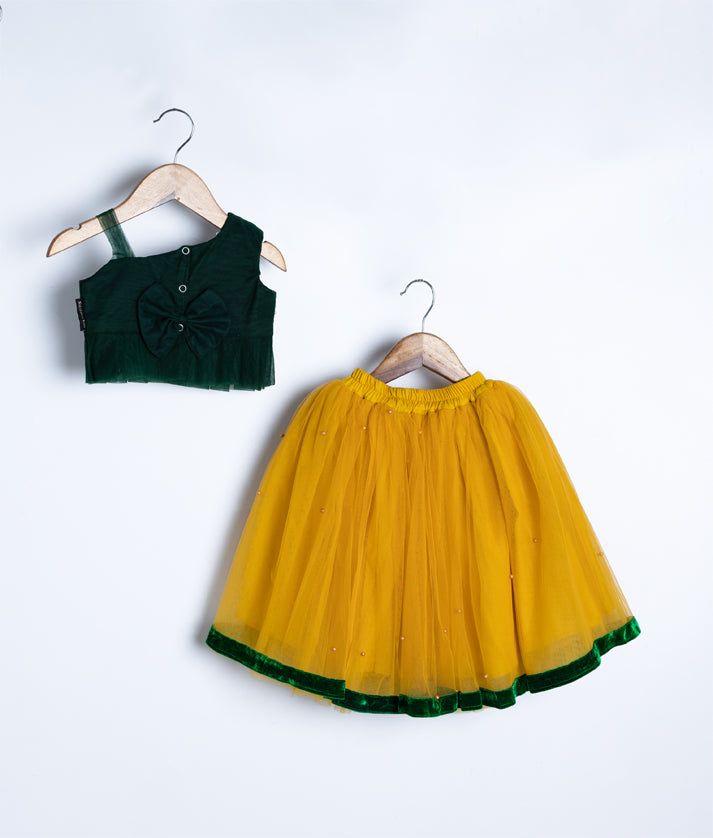 Bottle Green Tulle Net Handworked Top WIth Yellow Full Length Skirt [863A]