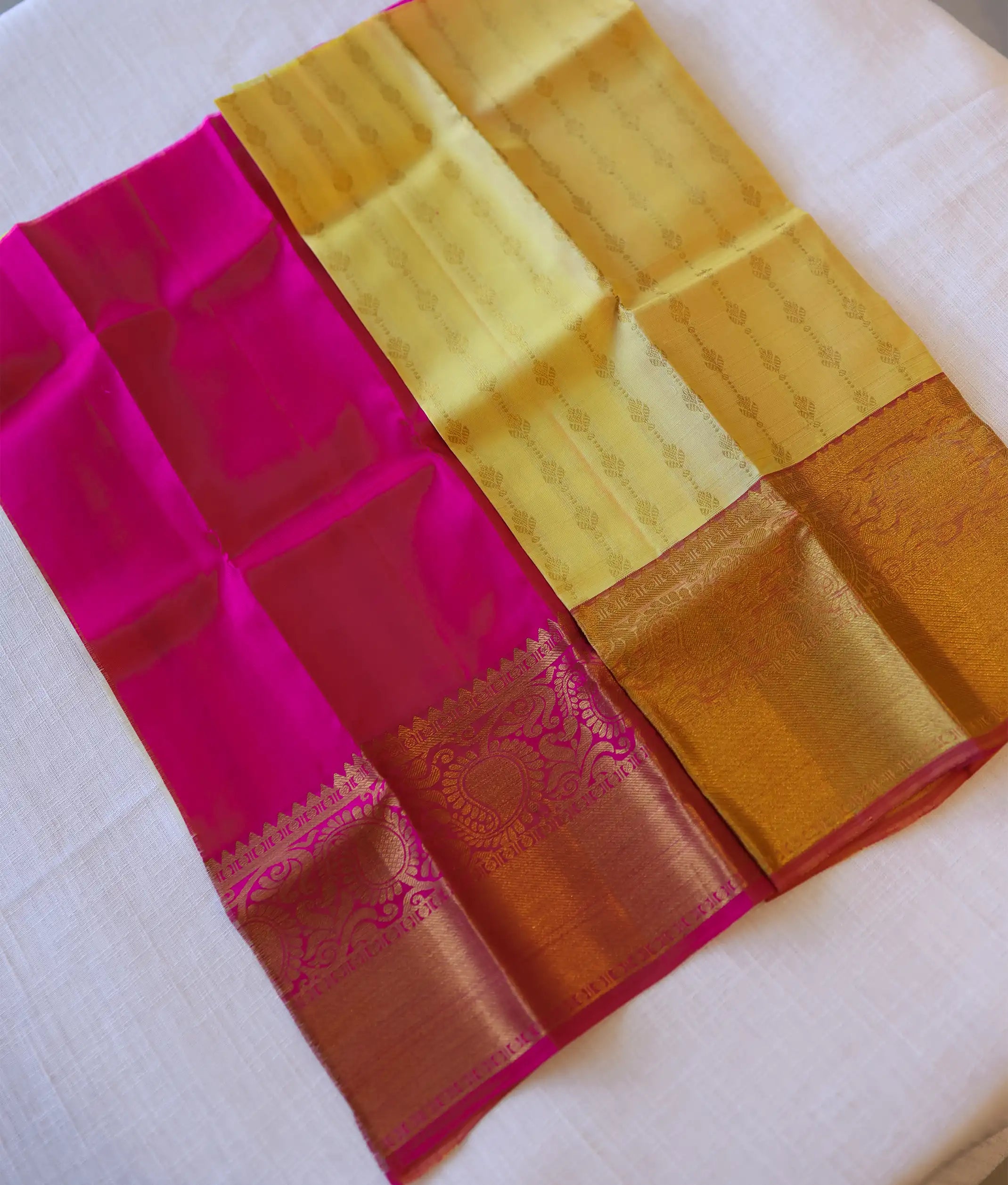 Yellow and Rani Pink Kanchipuram Silk Unstitched Fabric for Pattu Pavadai [KP1001]